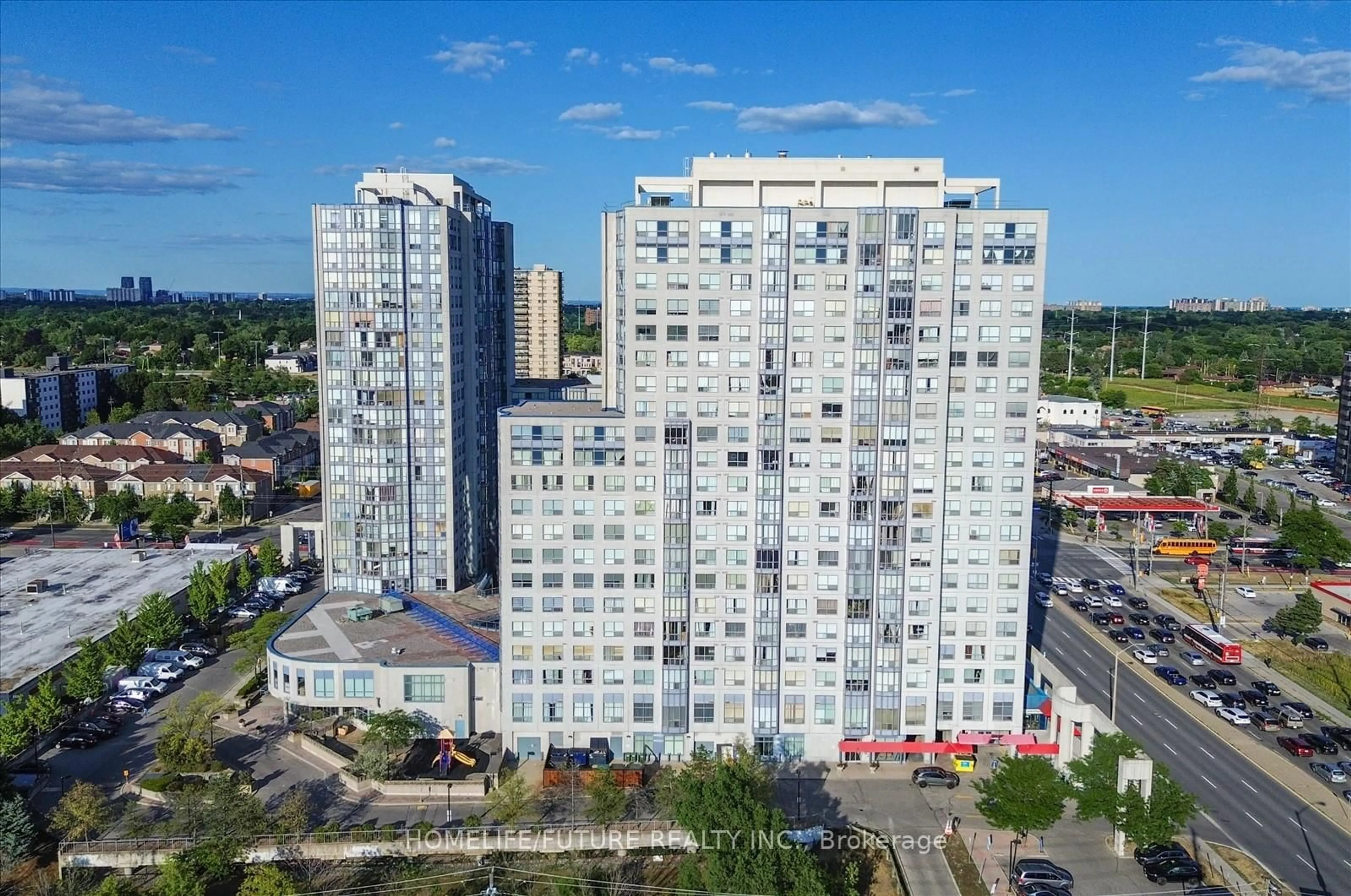 A pic from outside/outdoor area/front of a property/back of a property/a pic from drone, city buildings view from balcony for 2550 Lawrence Ave #410, Toronto Ontario M1P 4Z3