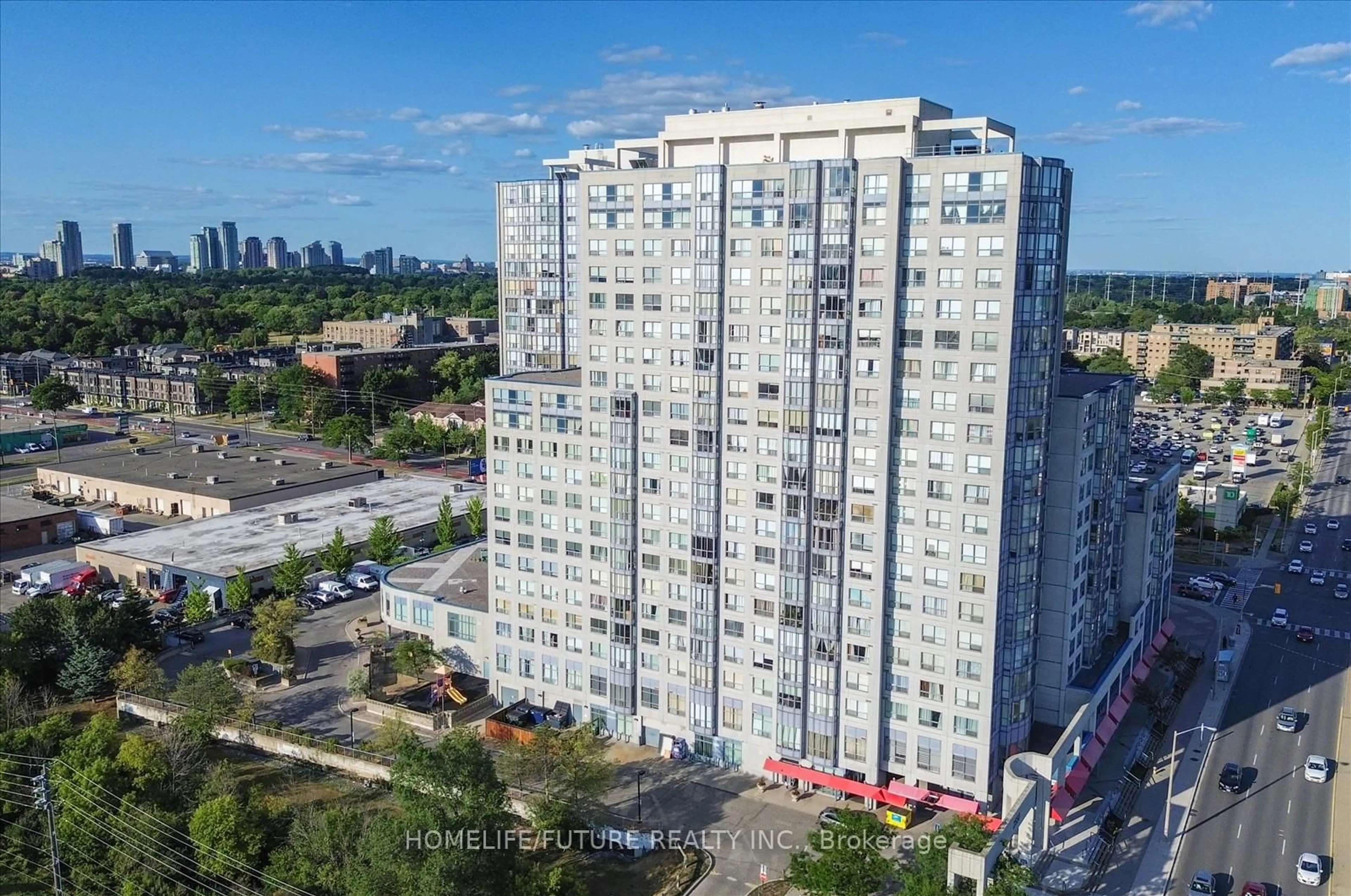 A pic from outside/outdoor area/front of a property/back of a property/a pic from drone, city buildings view from balcony for 2550 Lawrence Ave #410, Toronto Ontario M1P 4Z3