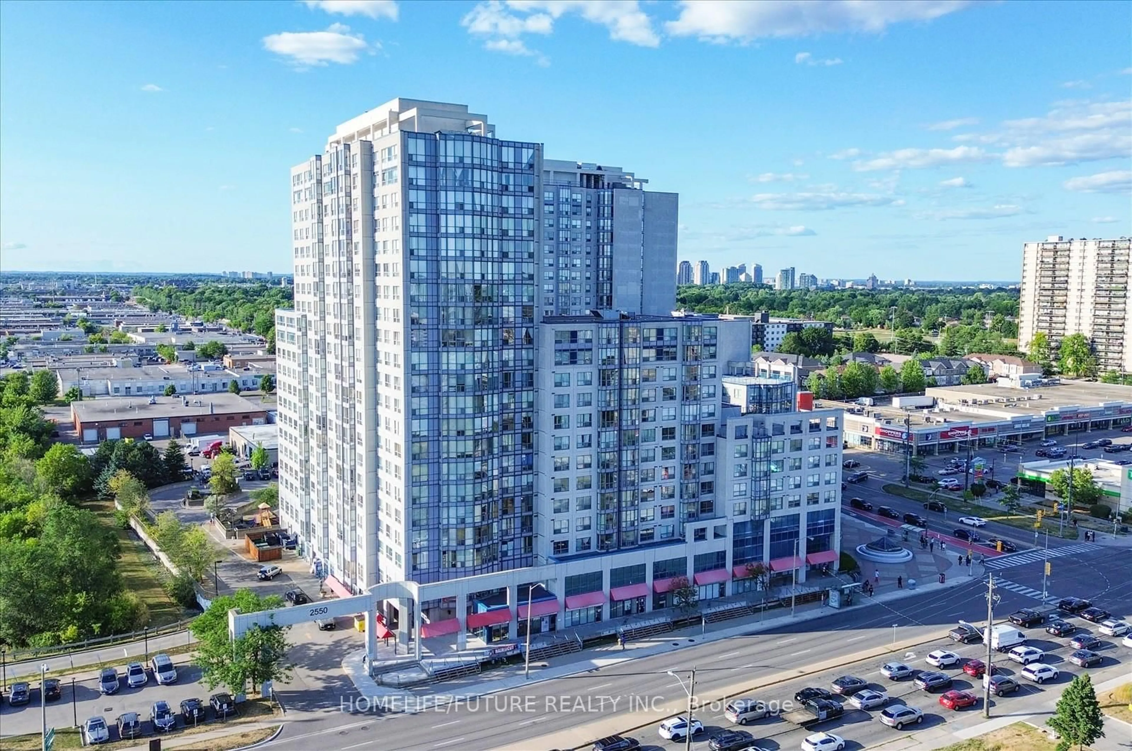 A pic from outside/outdoor area/front of a property/back of a property/a pic from drone, city buildings view from balcony for 2550 Lawrence Ave #410, Toronto Ontario M1P 4Z3