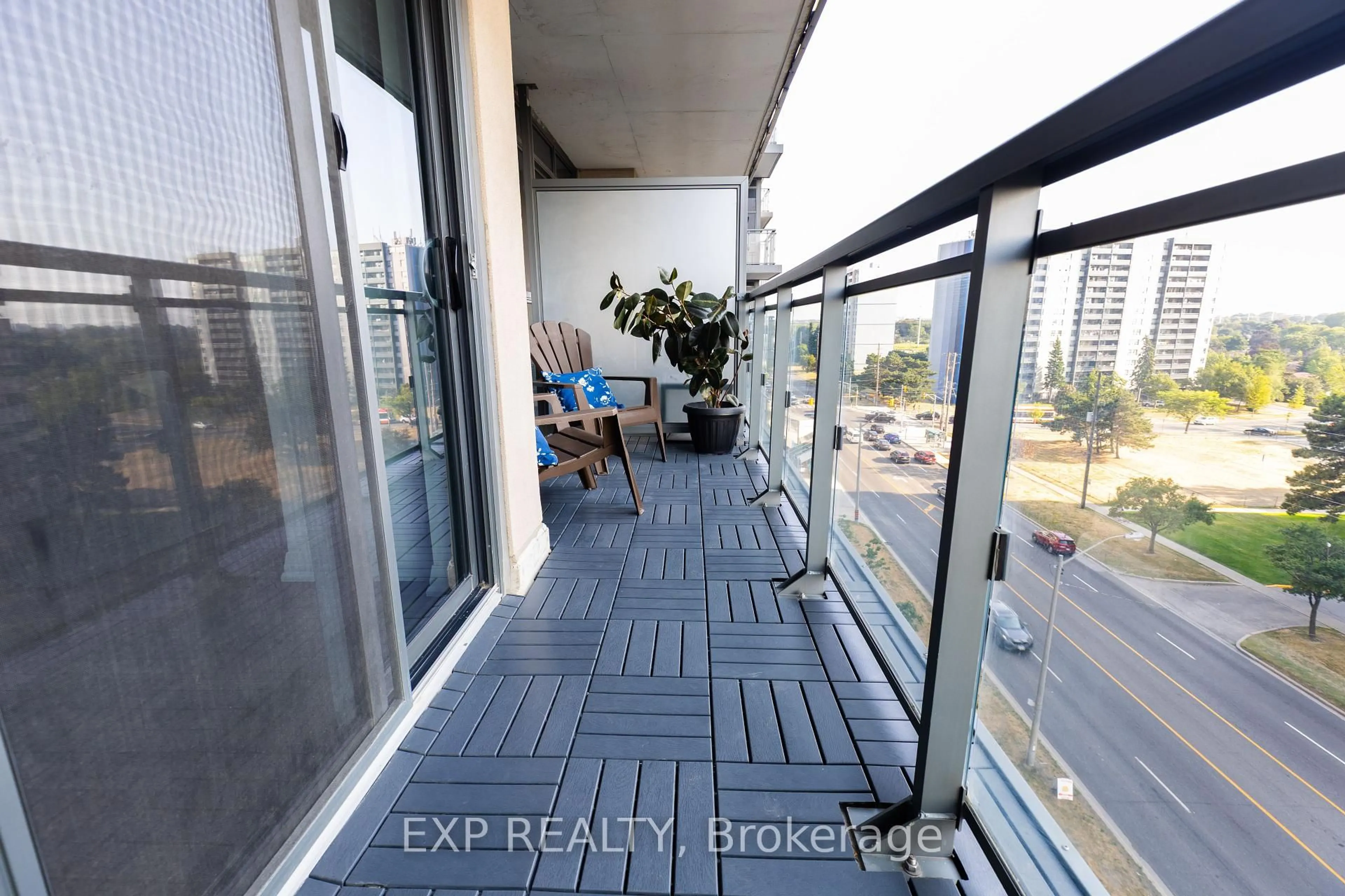 Balcony in the apartment, city buildings view from balcony for 30 Meadowglen Pl #707, Toronto Ontario M1G 0A6