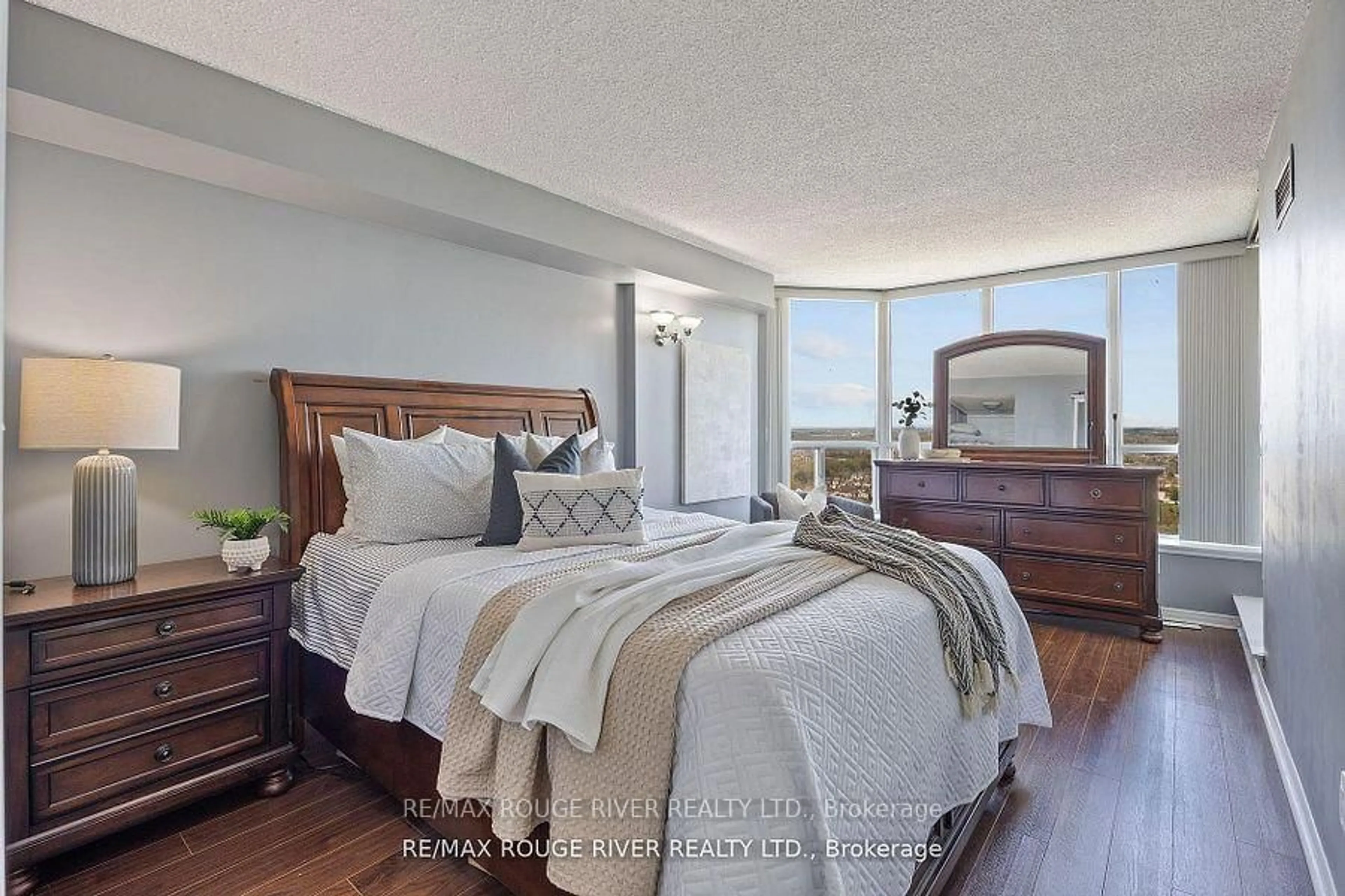 Bedroom with bed, wood/laminate floor for 400 McLevin Ave #1804, Toronto Ontario M1B 5J4