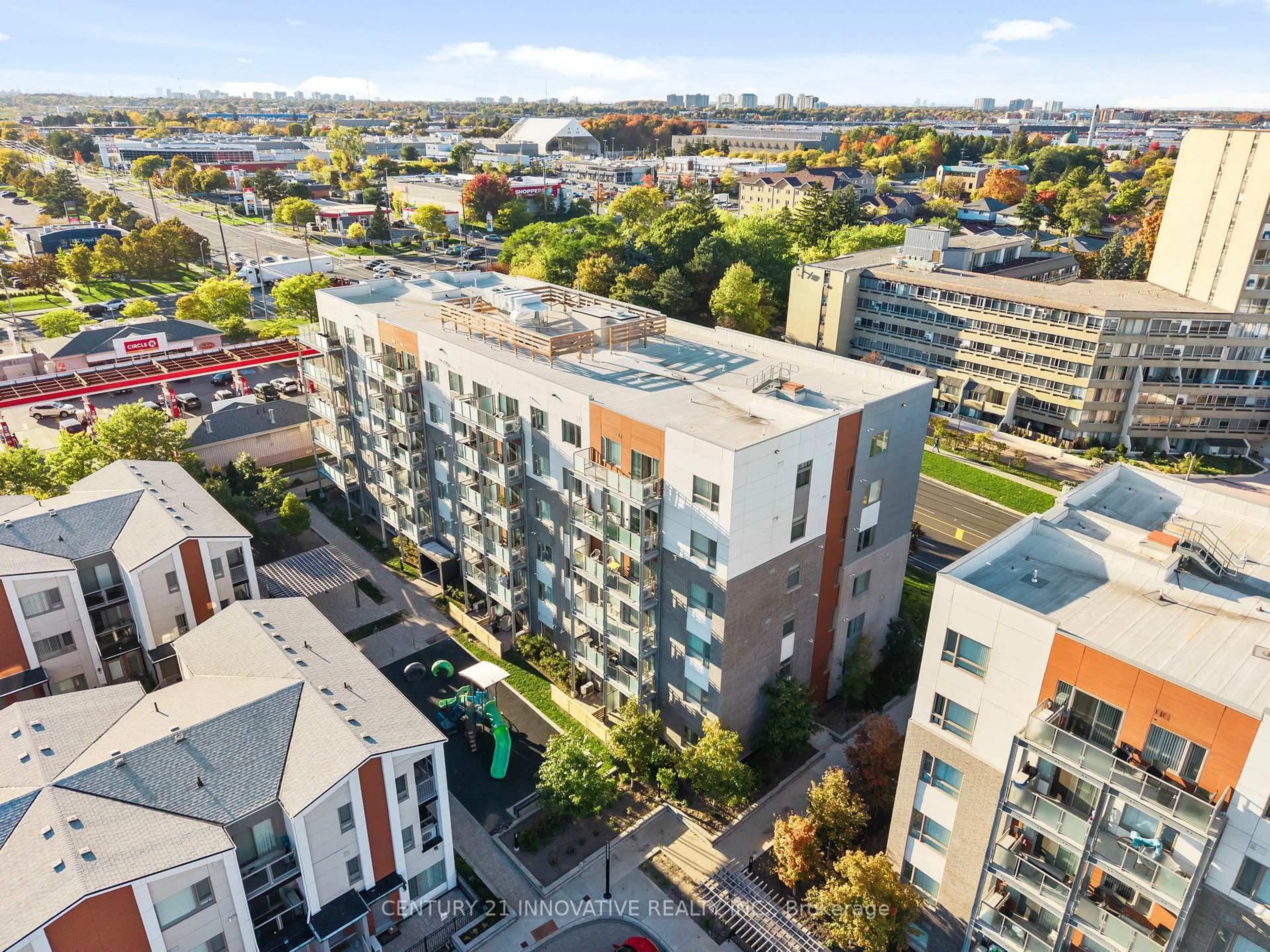 A pic from outside/outdoor area/front of a property/back of a property/a pic from drone, city buildings view from balcony for 5131 Sheppard Ave #305, Toronto Ontario M1B 0C9