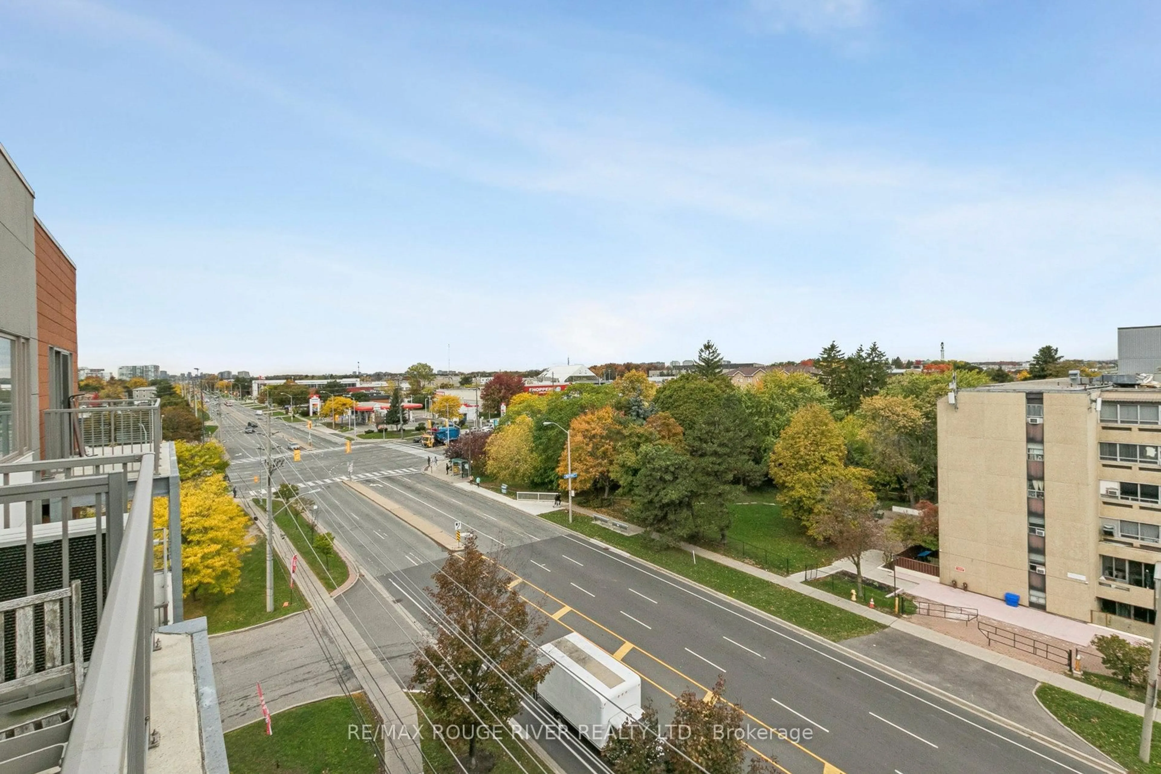 A pic from outside/outdoor area/front of a property/back of a property/a pic from drone, city buildings view from balcony for 5131 Sheppard Ave #612, Toronto Ontario M1B 0C9