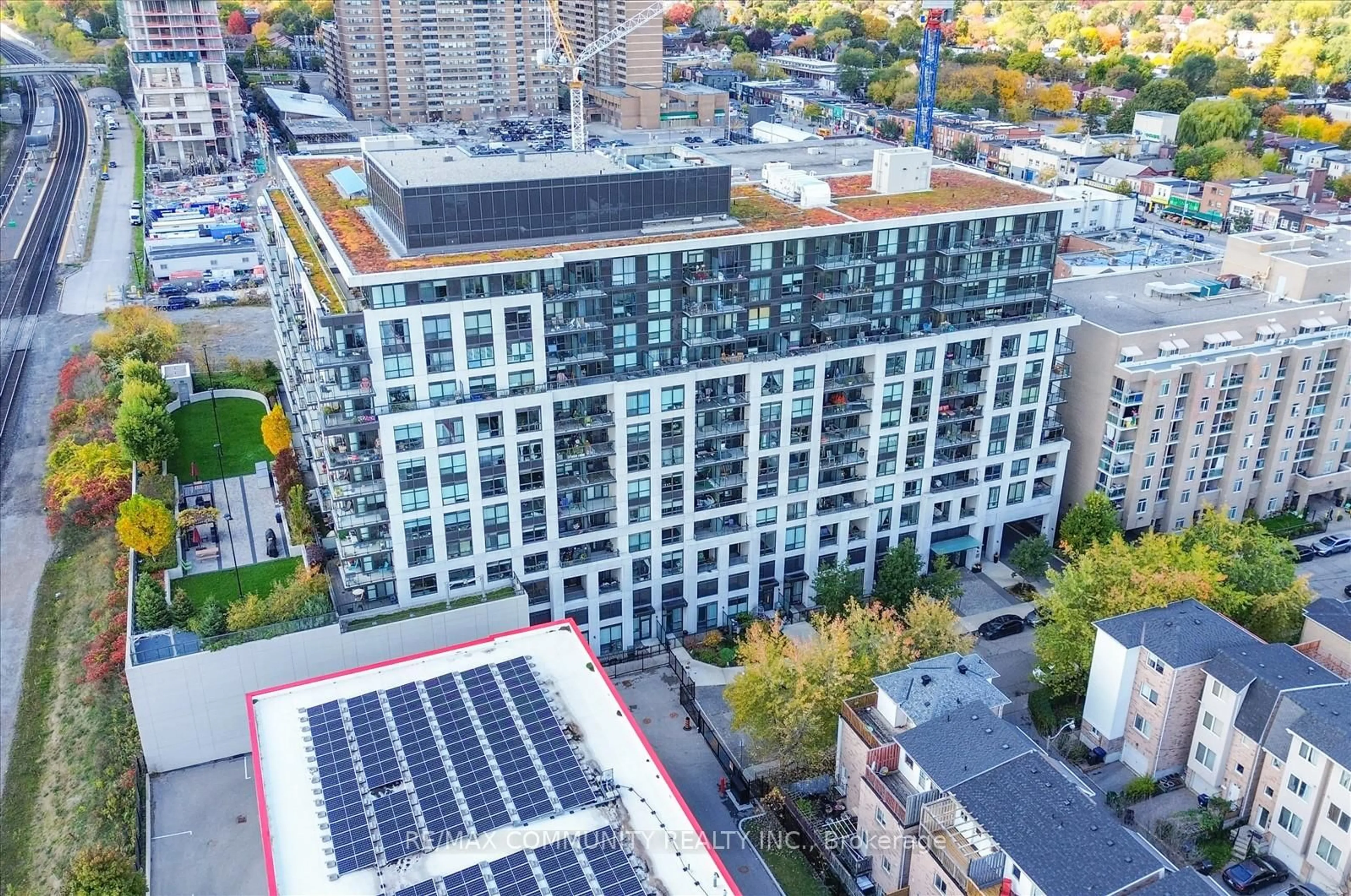 A pic from outside/outdoor area/front of a property/back of a property/a pic from drone, city buildings view from balcony for 8 Trent Ave #414, Toronto Ontario M4C 0A6