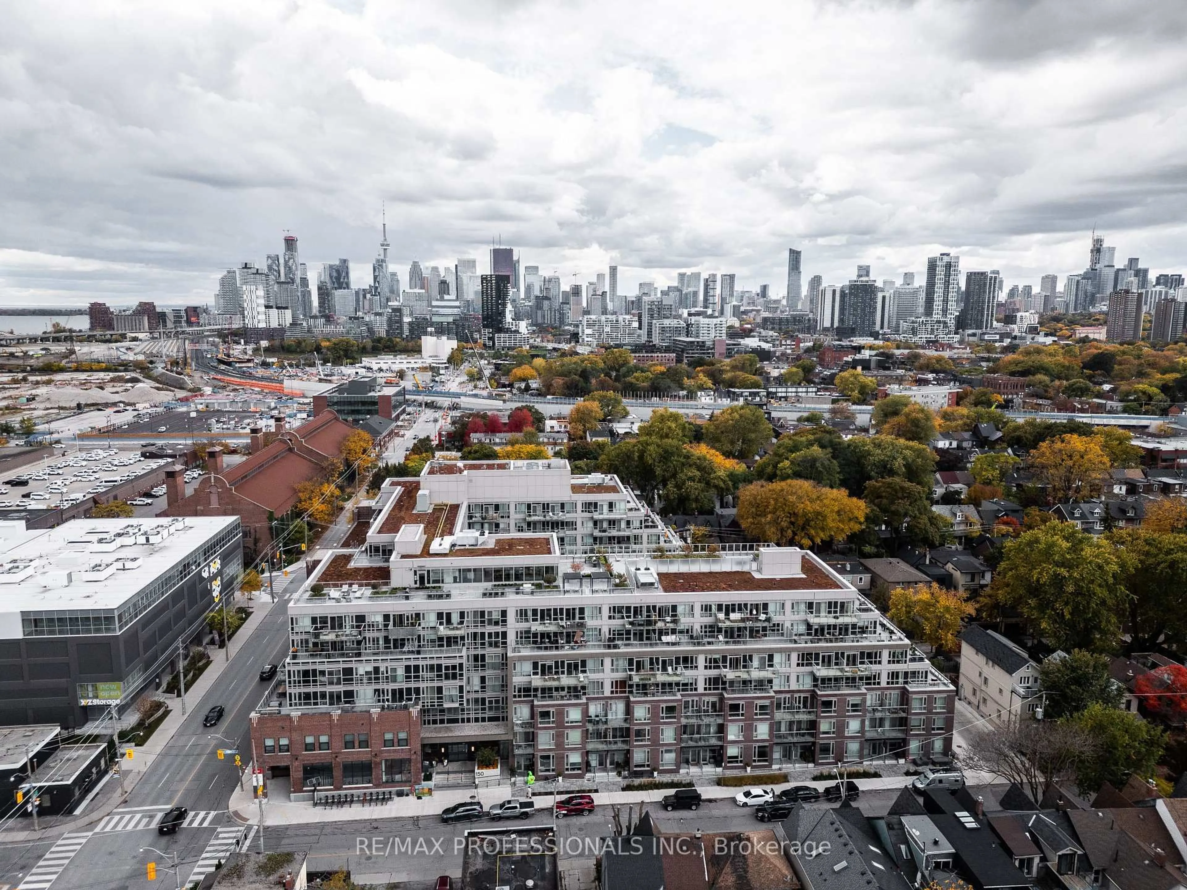 A pic from outside/outdoor area/front of a property/back of a property/a pic from drone, city buildings view from balcony for 150 Logan Ave #311, Toronto Ontario M4M 0E4