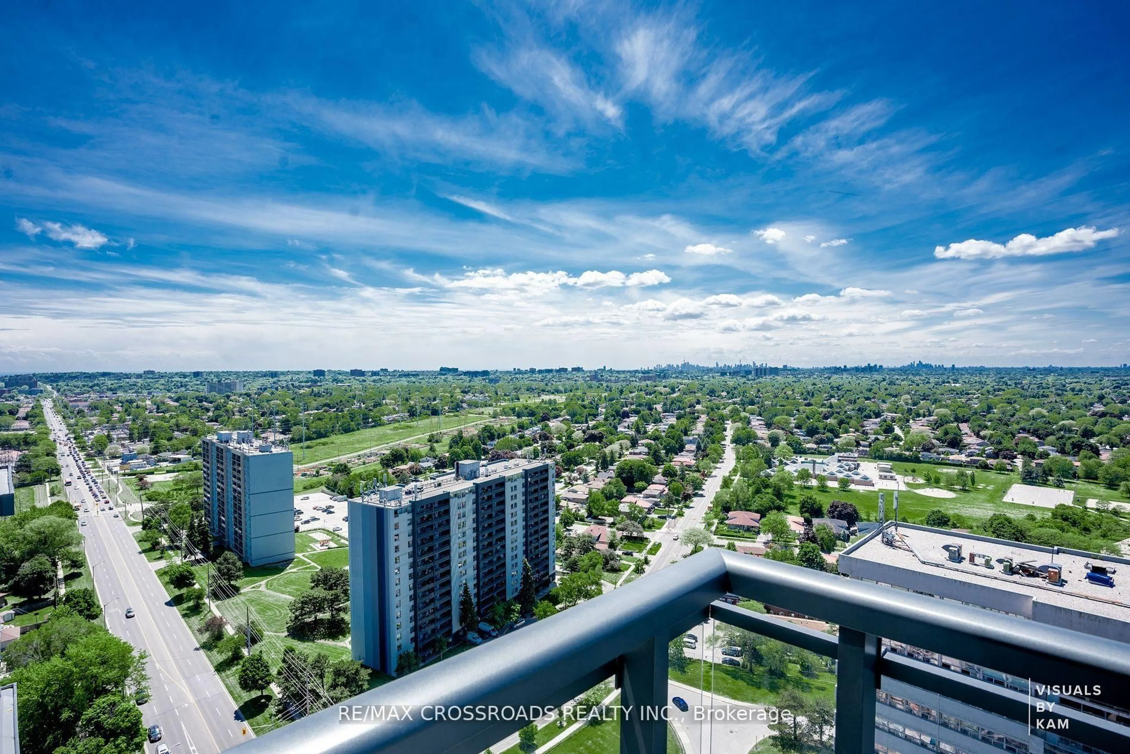 A pic from outside/outdoor area/front of a property/back of a property/a pic from drone, city buildings view from balcony for 20 Meadowglen Pl #2707, Toronto Ontario M1G 0A8