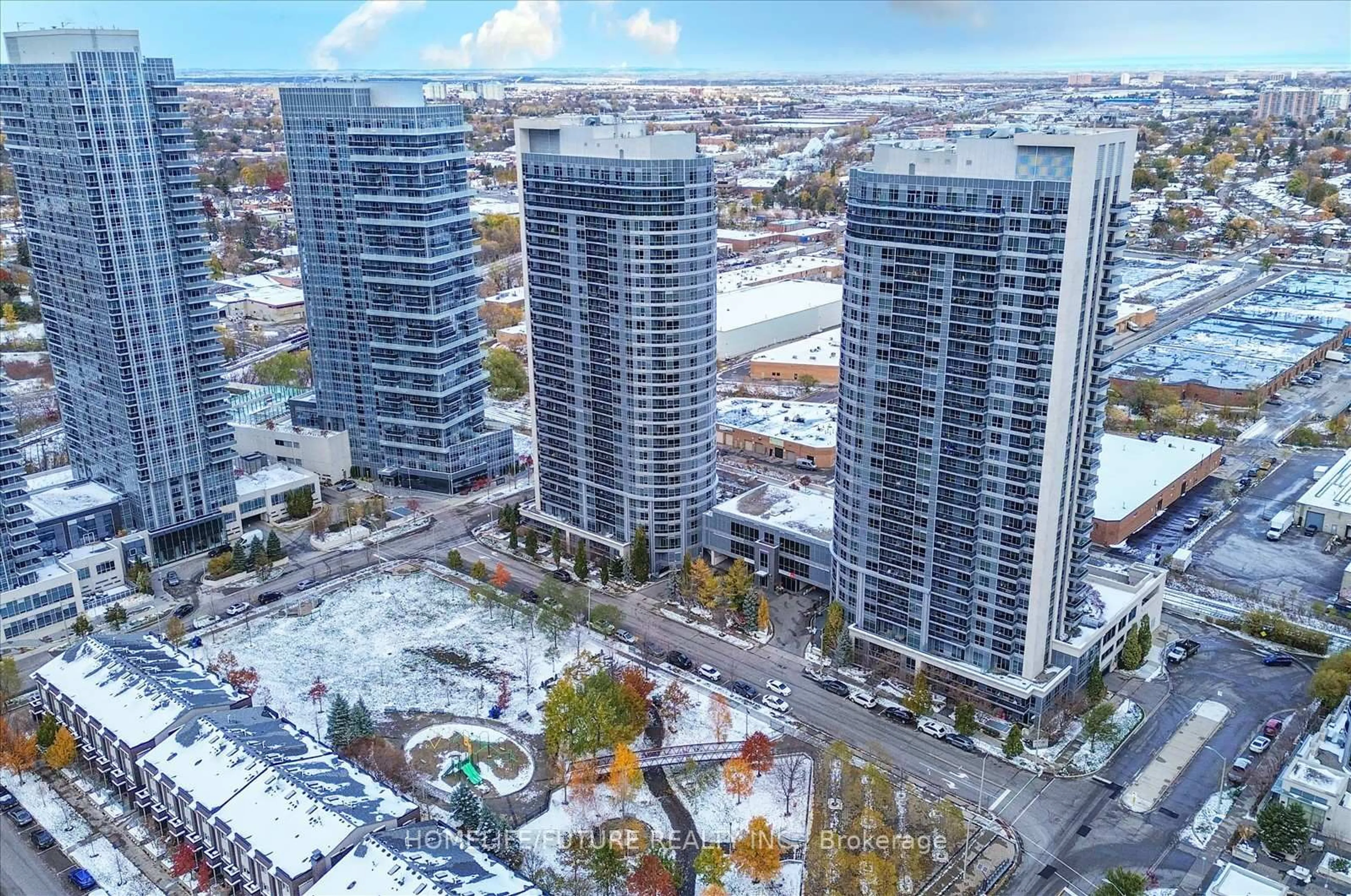 A pic from outside/outdoor area/front of a property/back of a property/a pic from drone, city buildings view from balcony for 181 Village Green Sq #216, Toronto Ontario M1S 0K6