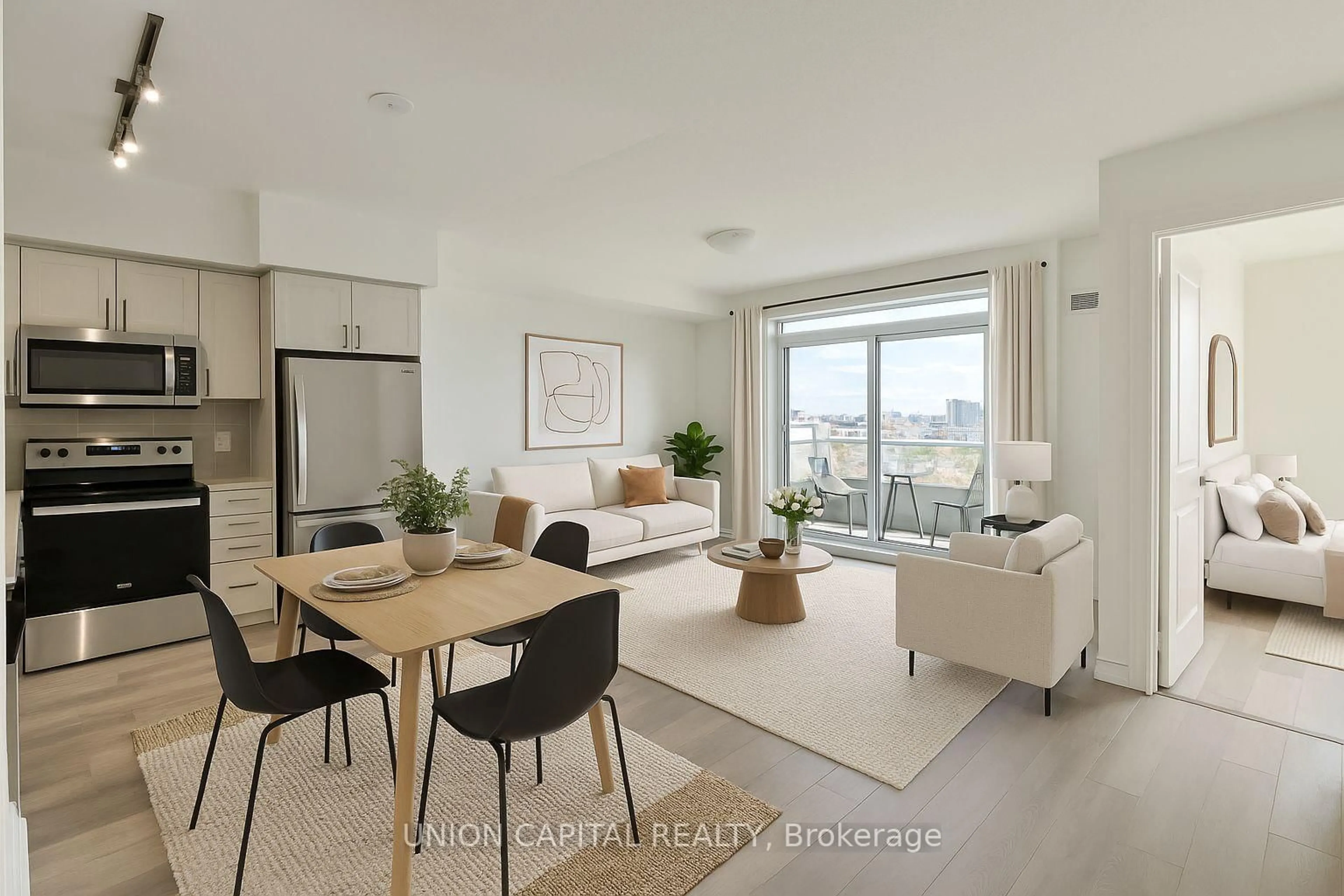 Living room with furniture, wood/laminate floor for 3121 Sheppard Ave #1207, Toronto Ontario M1T 0B6