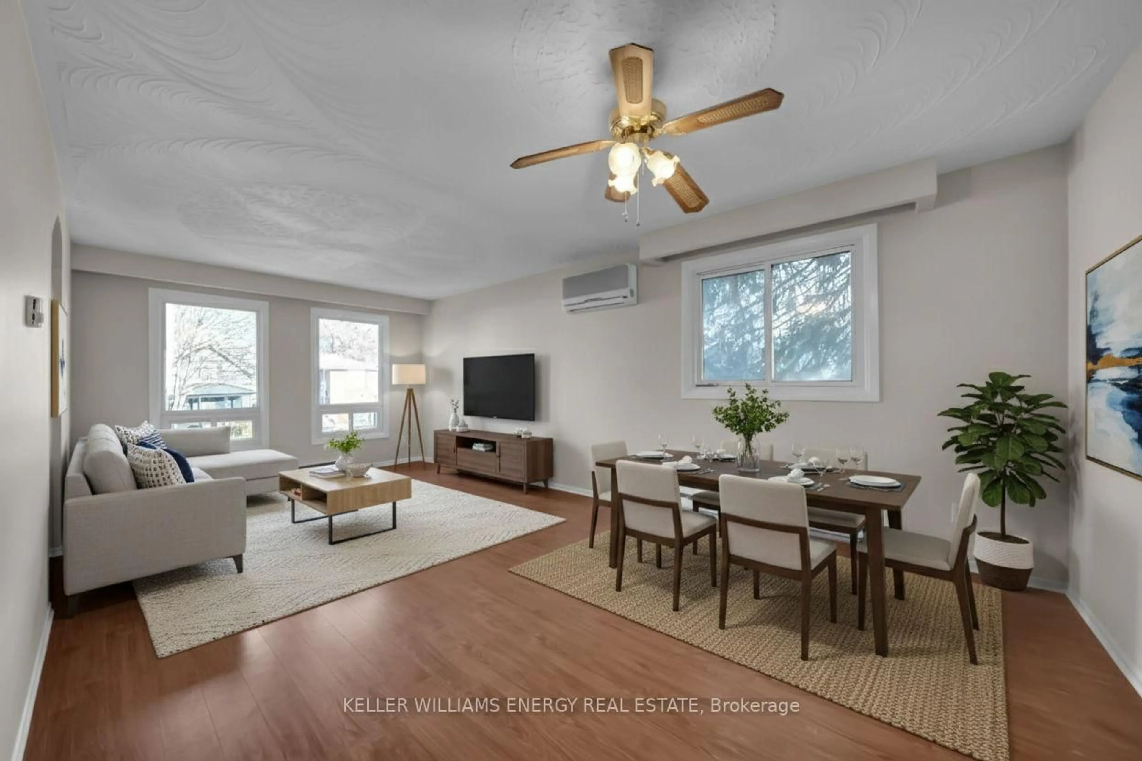 Living room with furniture, wood/laminate floor for 76 Montrave Ave, Oshawa Ontario L1J 4R7