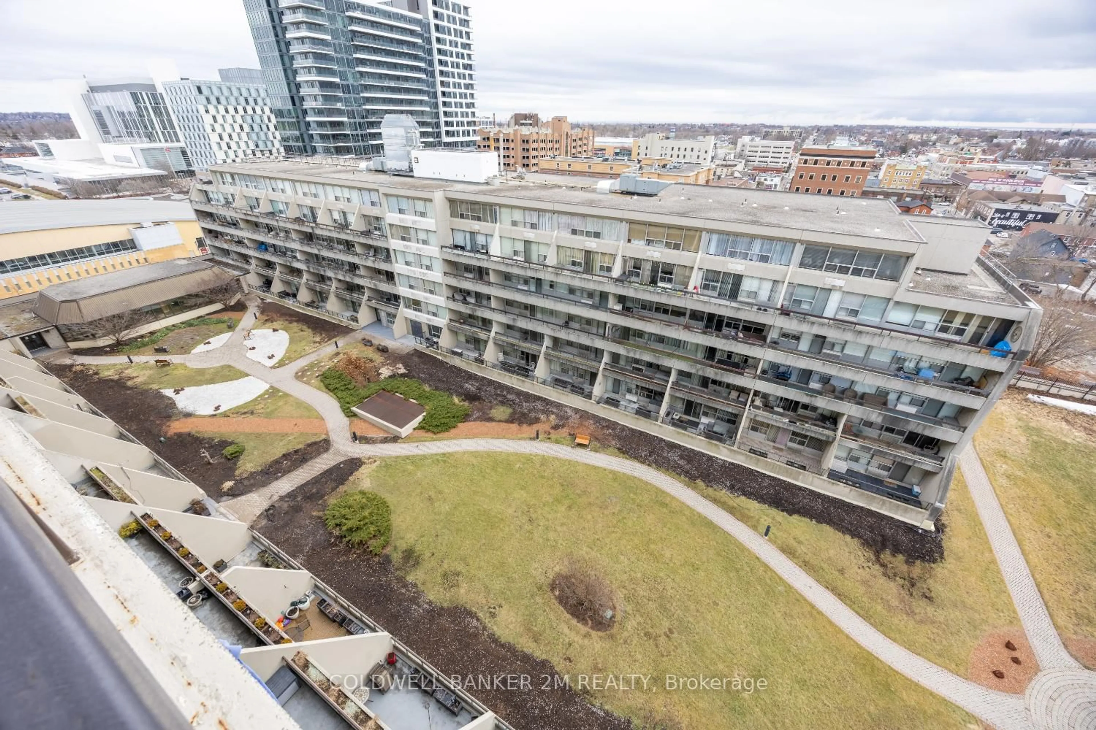 A pic from outside/outdoor area/front of a property/back of a property/a pic from drone, city buildings view from balcony for 55 William St #1014, Oshawa Ontario L1G 7C9
