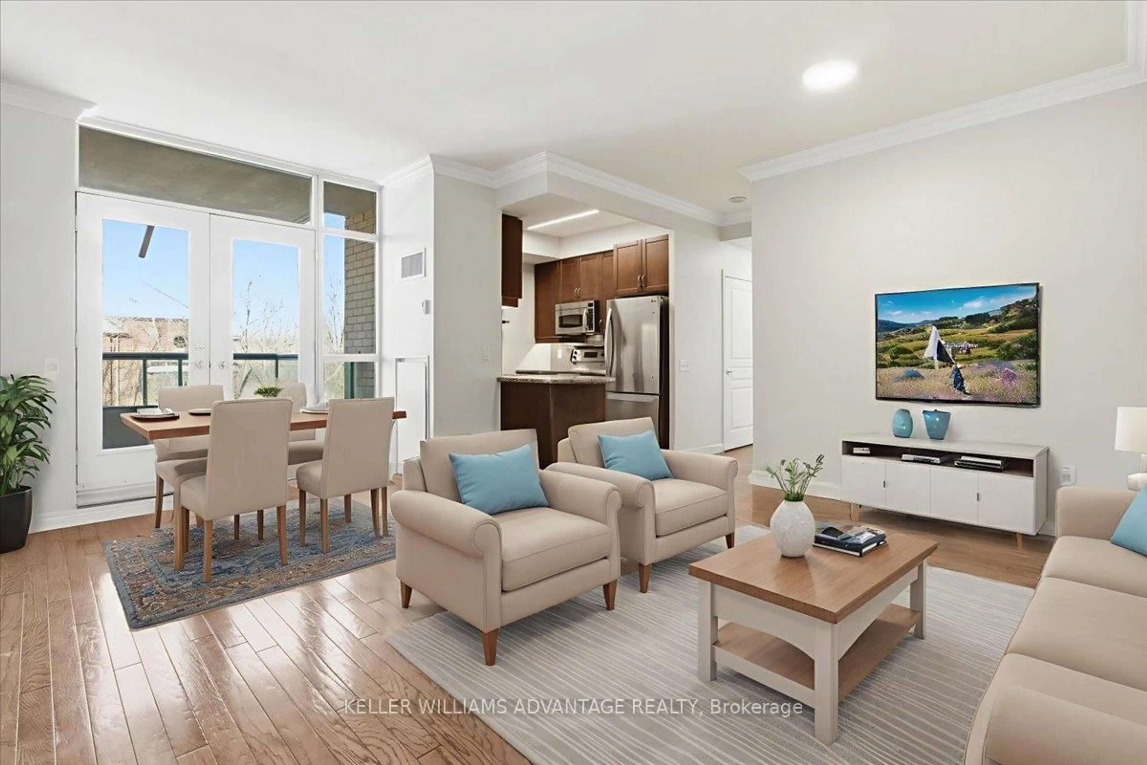 Living room with furniture, wood/laminate floor for 9 Boardwalk Dr #305, Toronto Ontario M4L 6T1