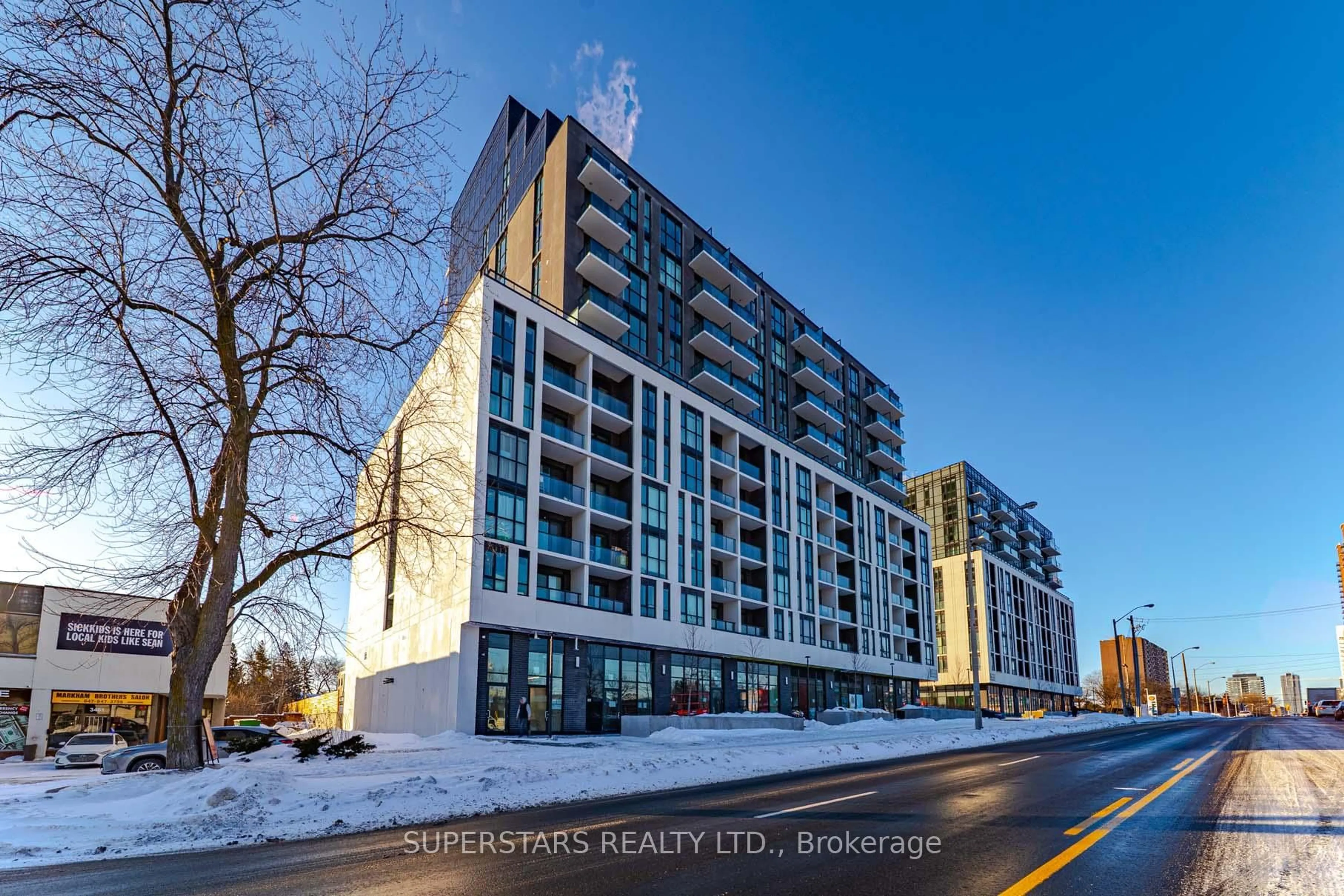 A pic from outside/outdoor area/front of a property/back of a property/a pic from drone, building for 3429 Sheppard Ave #805, Toronto Ontario M1T 0C2