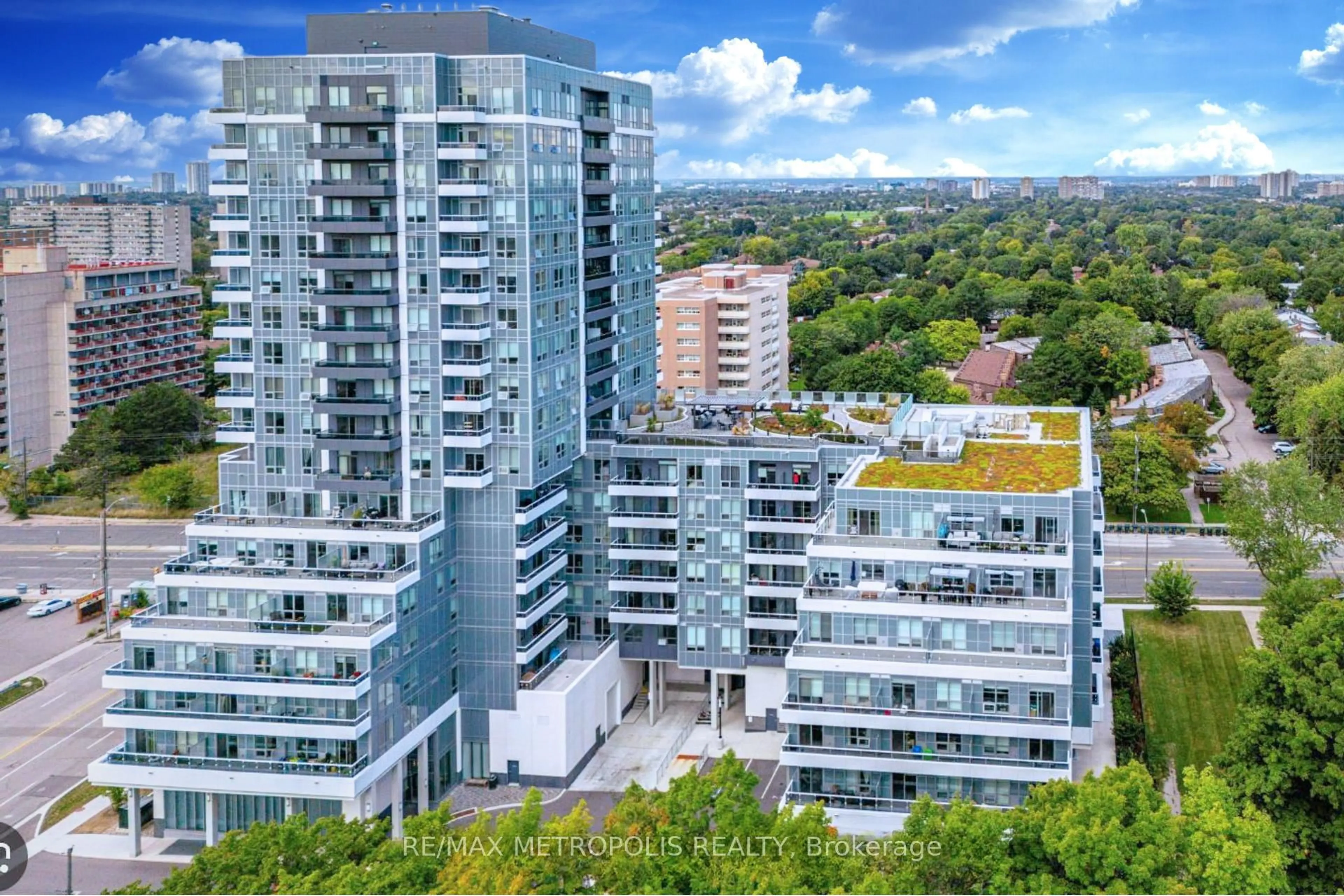 A pic from outside/outdoor area/front of a property/back of a property/a pic from drone, city buildings view from balcony for 3121 Sheppard Ave #908, Toronto Ontario M1T 0B6