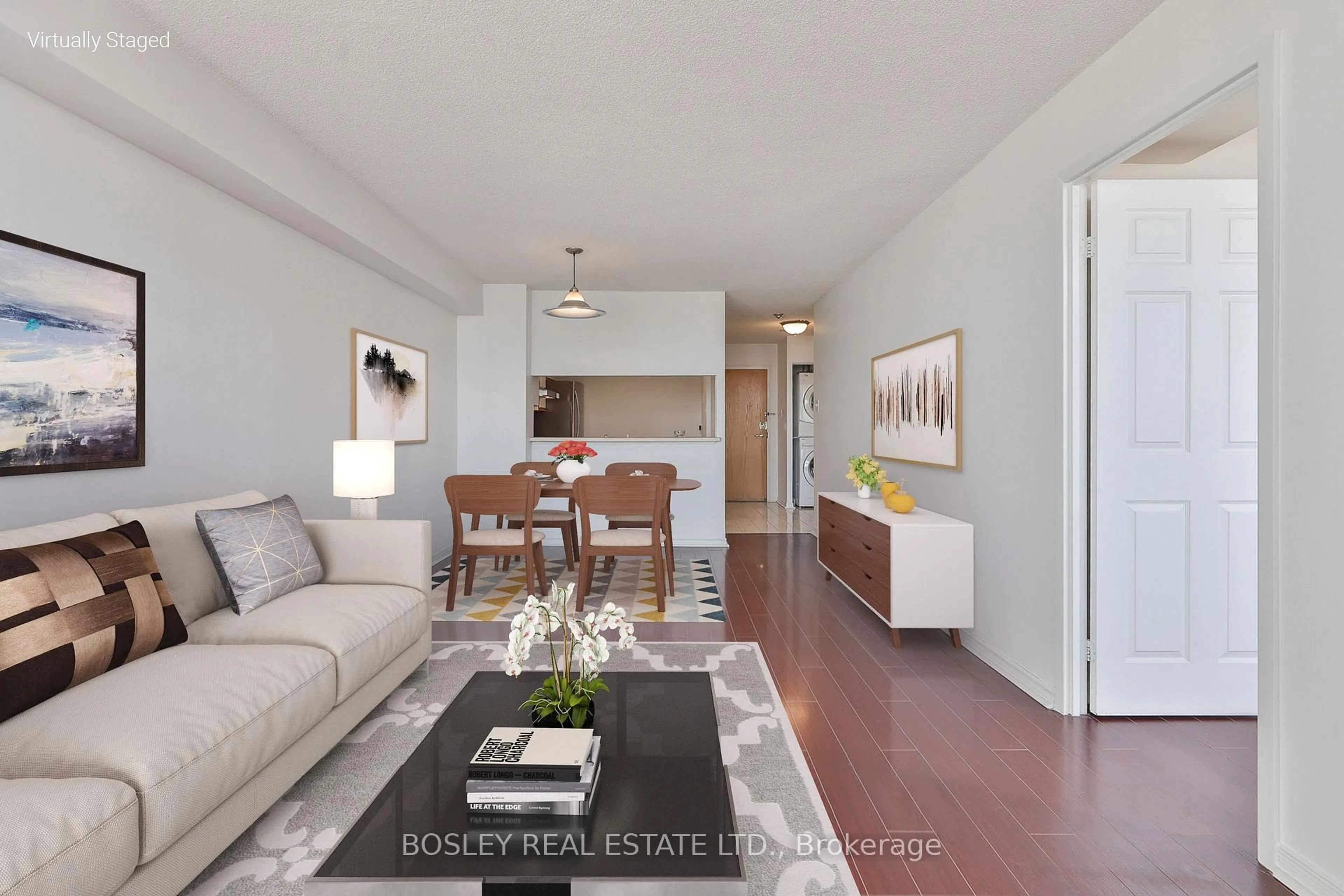 Living room with furniture, wood/laminate floor for 88 Alton Towers Circ #1502, Toronto Ontario M1V 5C5