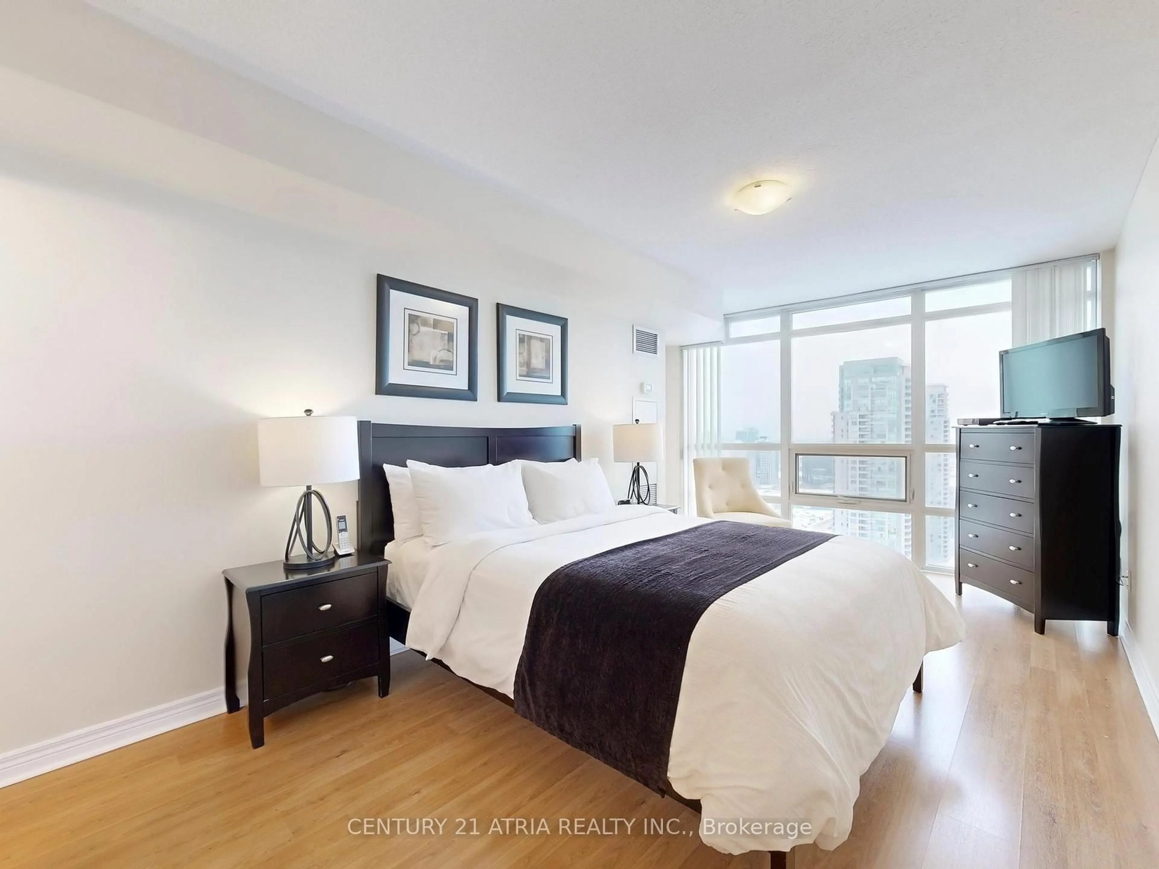 Bedroom with bed, wood/laminate floor for 83 Borough Dr #2908, Toronto Ontario M1P 5E4