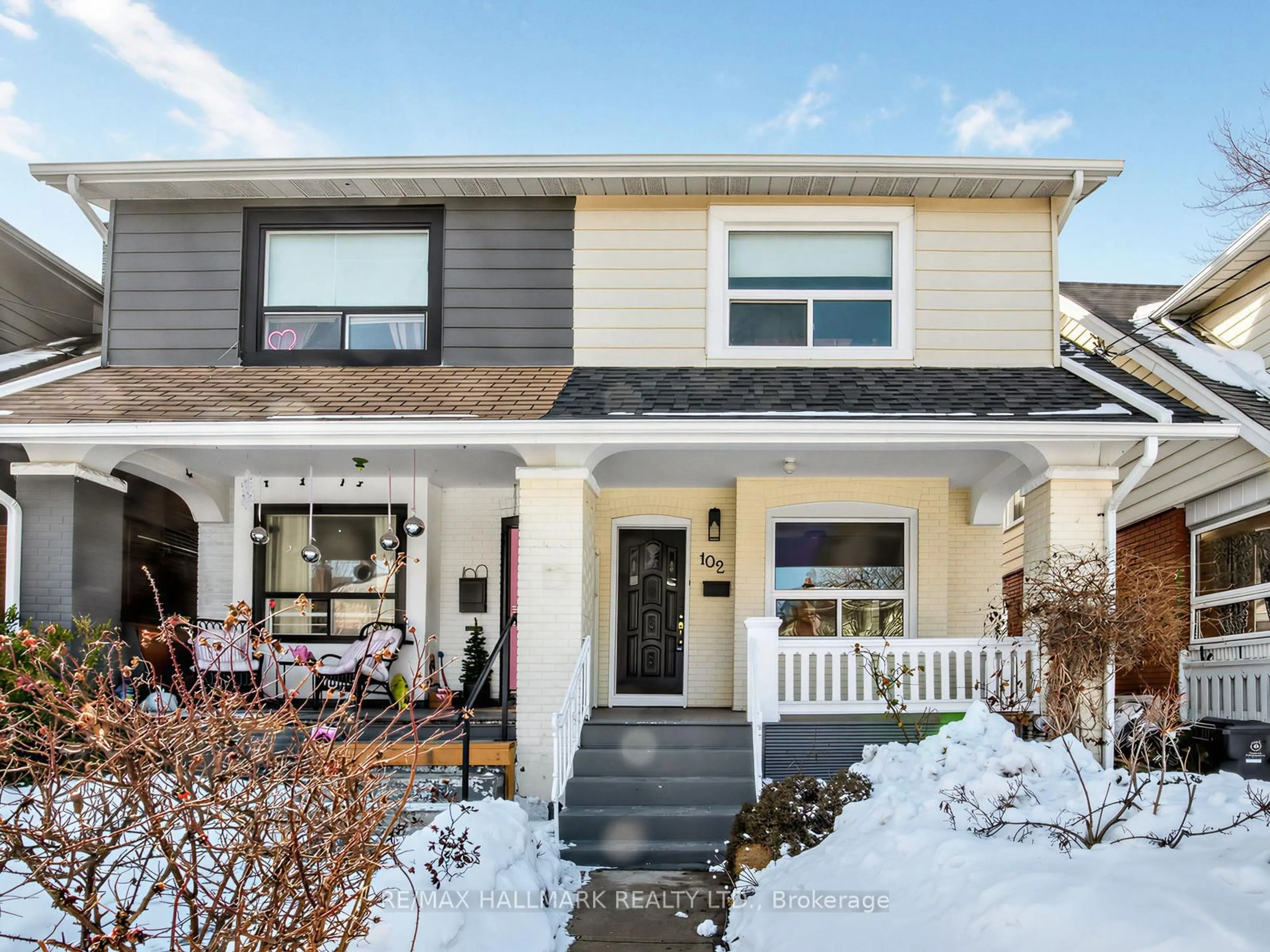 Home with vinyl exterior material, street for 102 Caithness Ave, Toronto Ontario M4J 3Y1