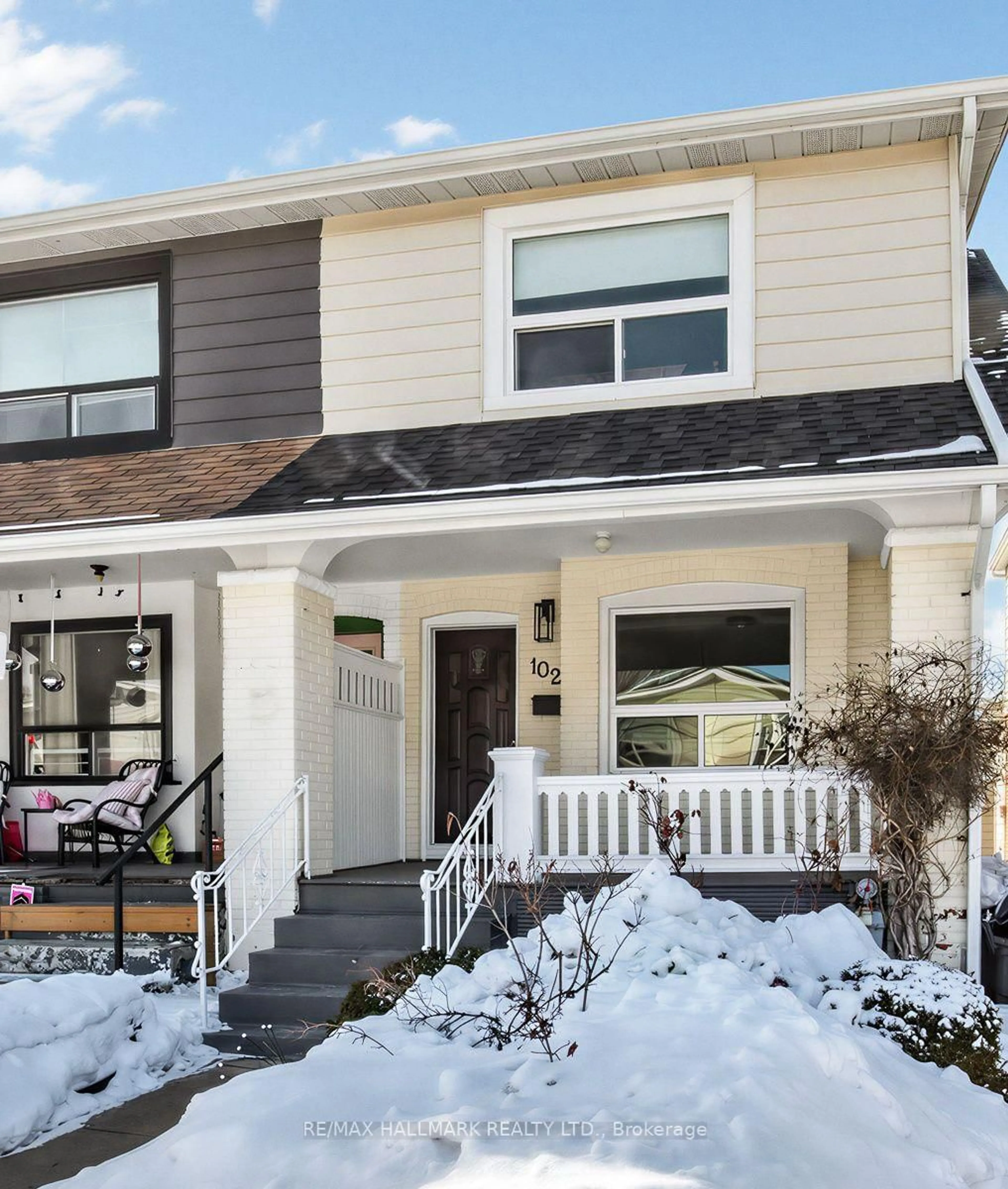 Home with vinyl exterior material, street for 102 Caithness Ave, Toronto Ontario M4J 3Y1