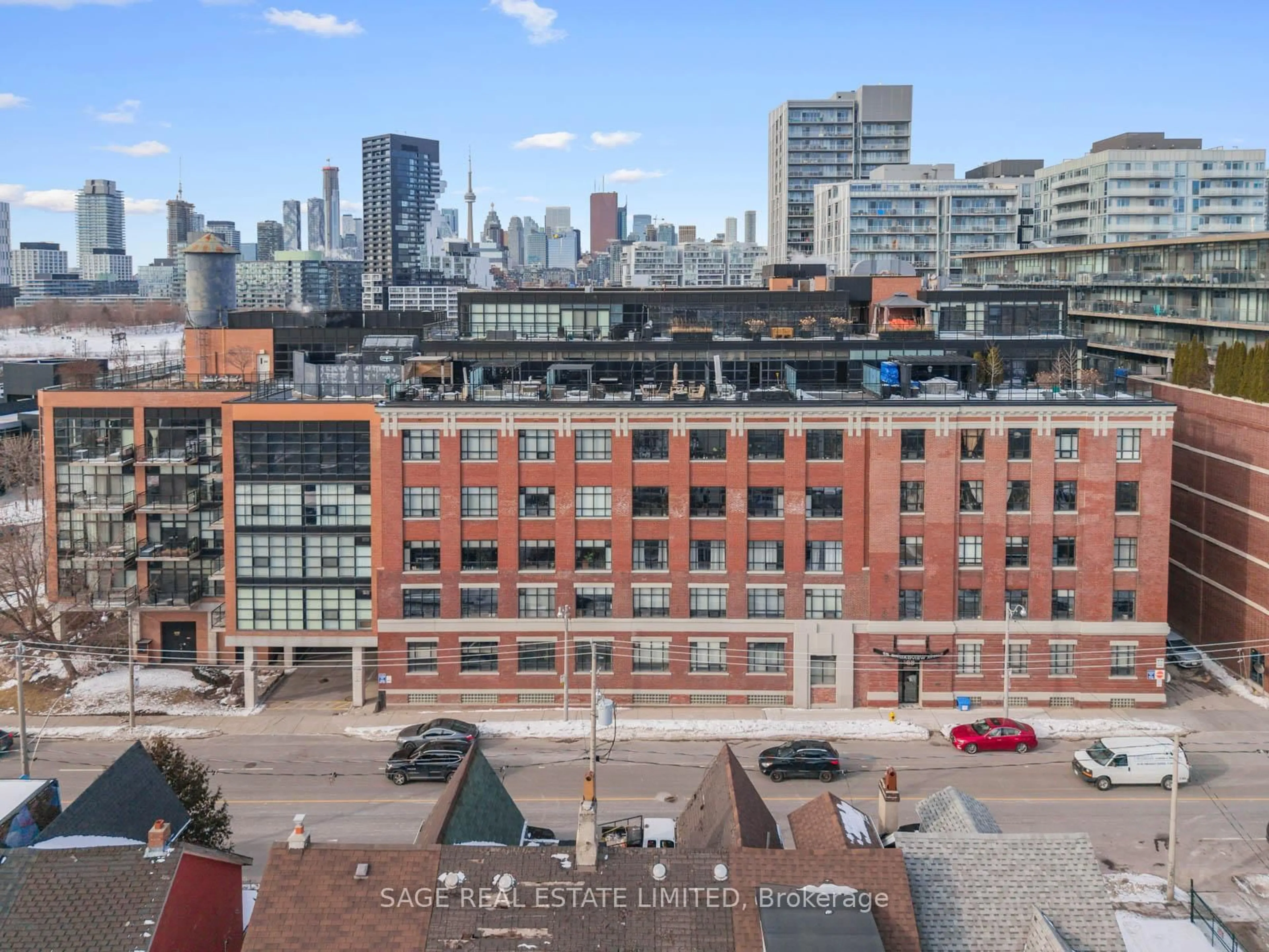 A pic from outside/outdoor area/front of a property/back of a property/a pic from drone, city buildings view from balcony for 68 Broadview Ave #409, Toronto Ontario M4M 2E6