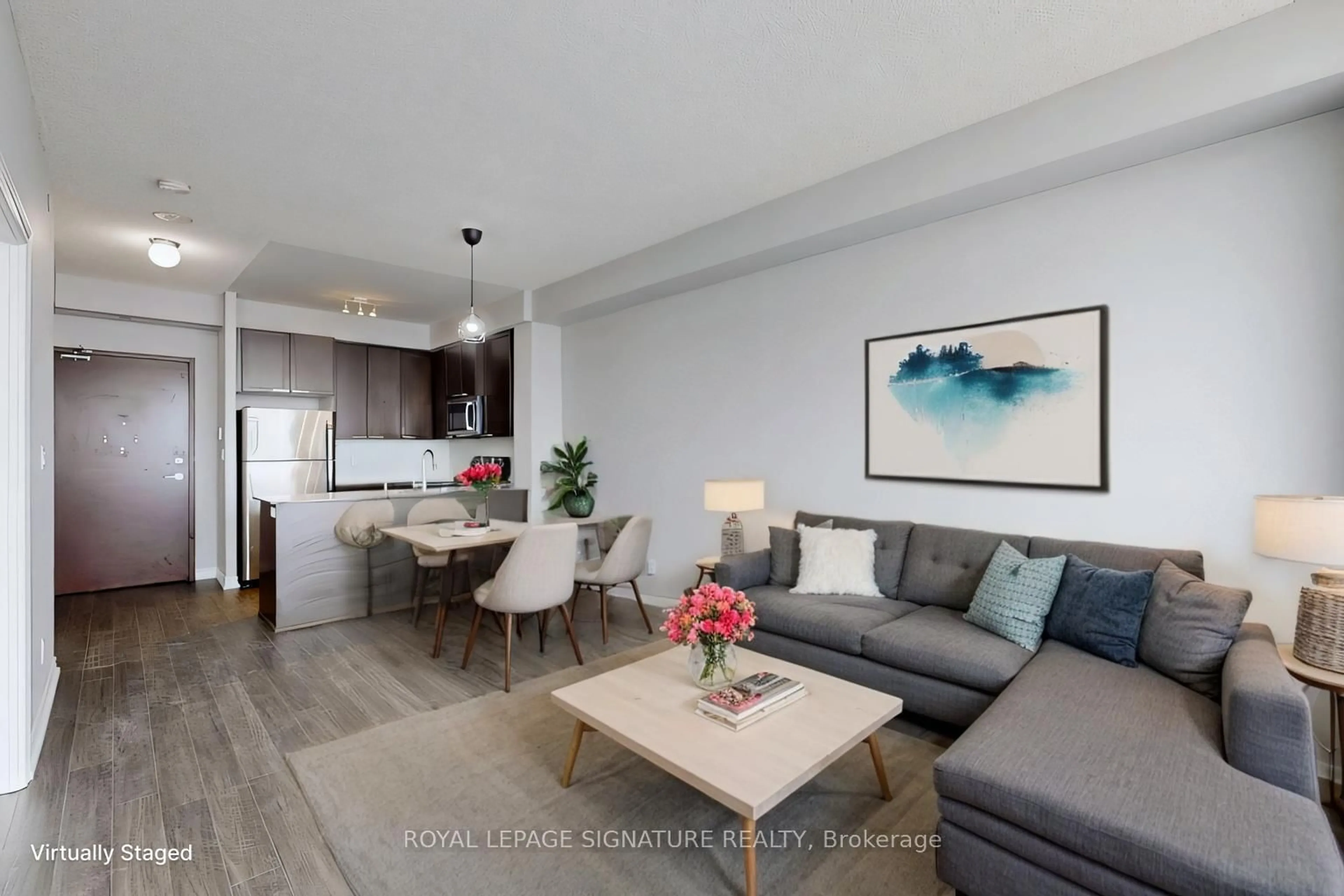 Living room with furniture, wood/laminate floor for 1328 Birchmount Rd #1805, Toronto Ontario M1R 0B6