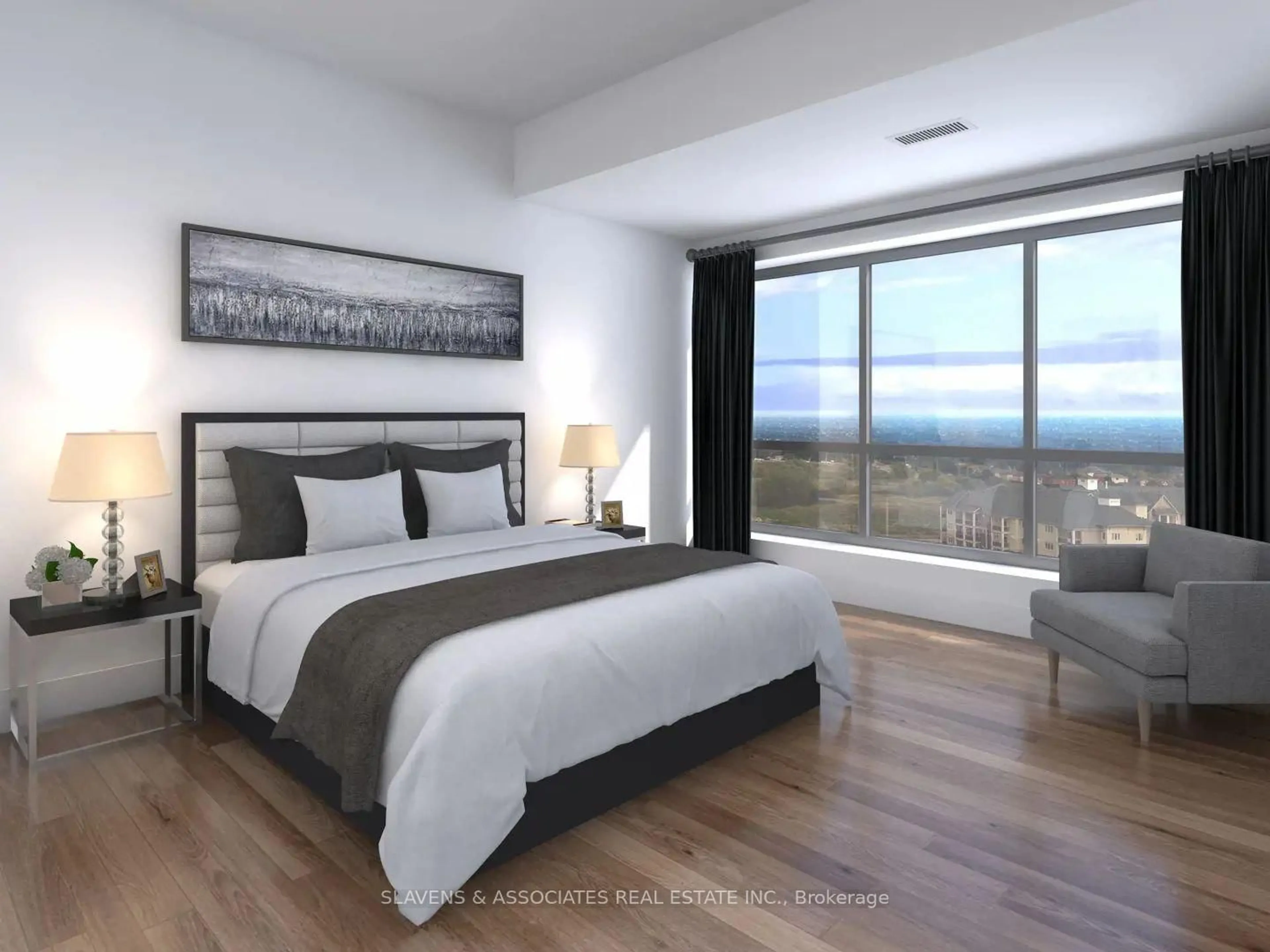 Bedroom with bed, wood/laminate floor for 51 Clarington Blvd #919, Clarington Ontario L1C 0H6