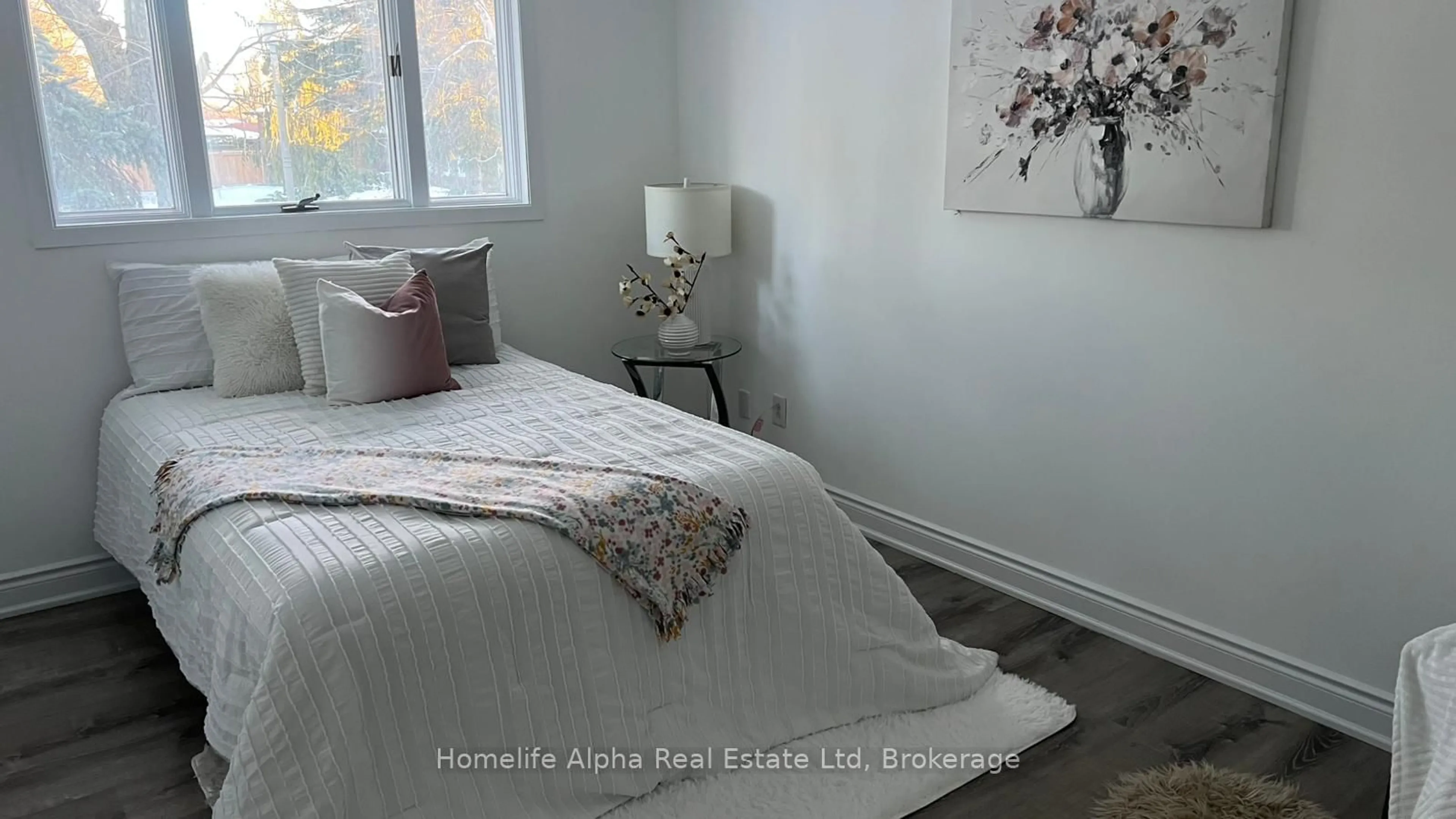 Bedroom with bed, wood/laminate floor for 14 Stonecraft Pl, Toronto Ontario M1E 4J9