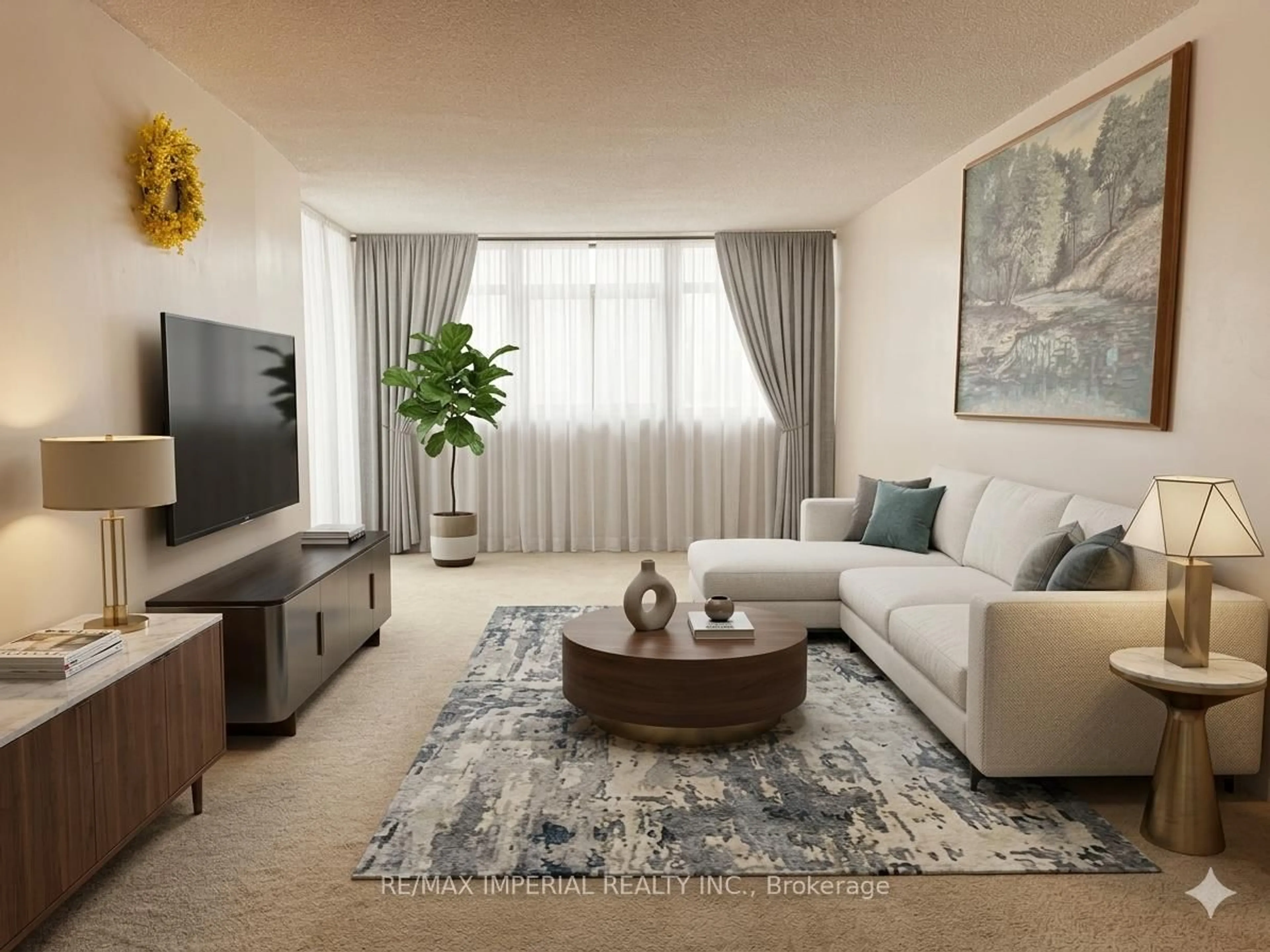 Living room with furniture, carpet floor for 3151 Bridletowne Circ #305, Toronto Ontario M1W 2T1