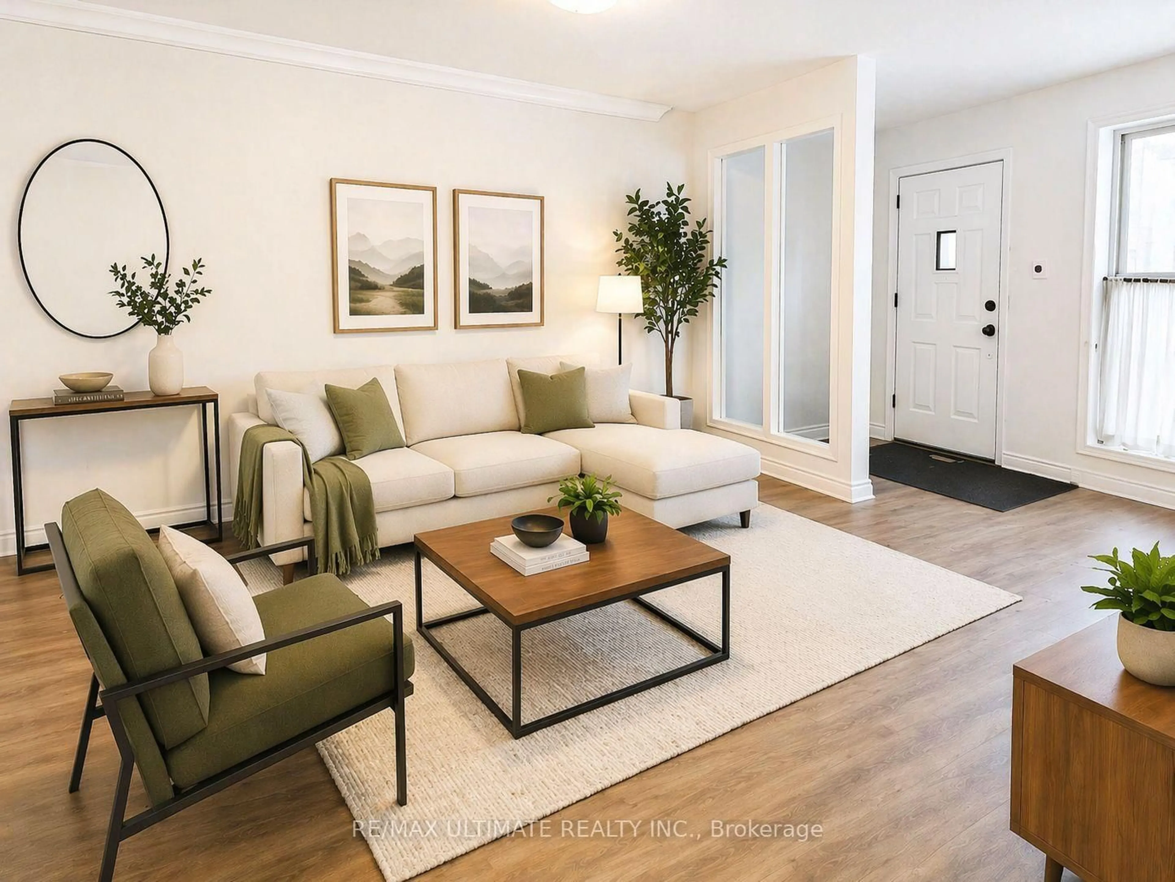 Living room with furniture, wood/laminate floor for 103 Wiley Ave, Toronto Ontario M4J 3W5