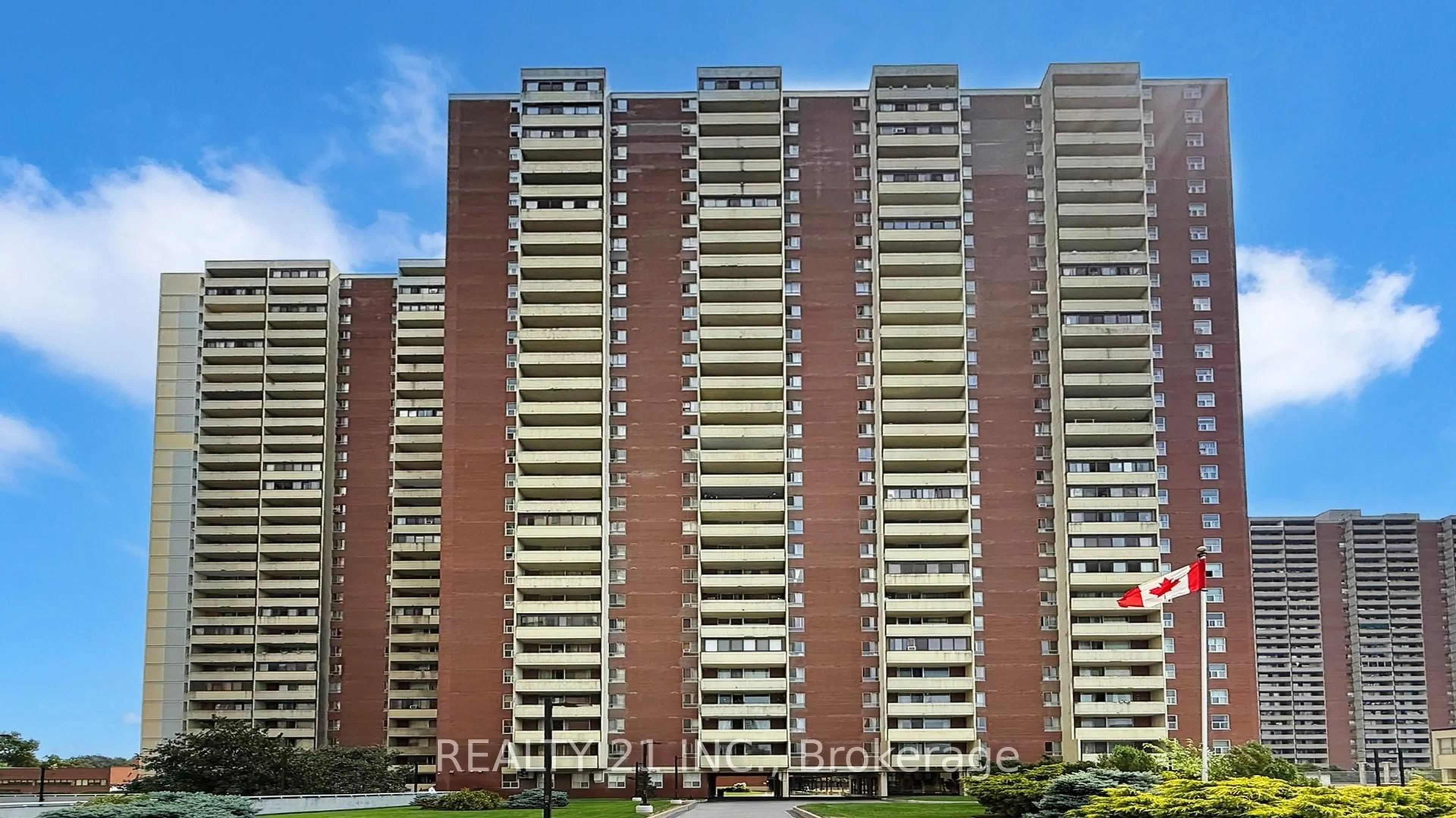 Balcony in the apartment, city buildings view from balcony for 5 Massey Sq #2103, Toronto Ontario M4C 5L6
