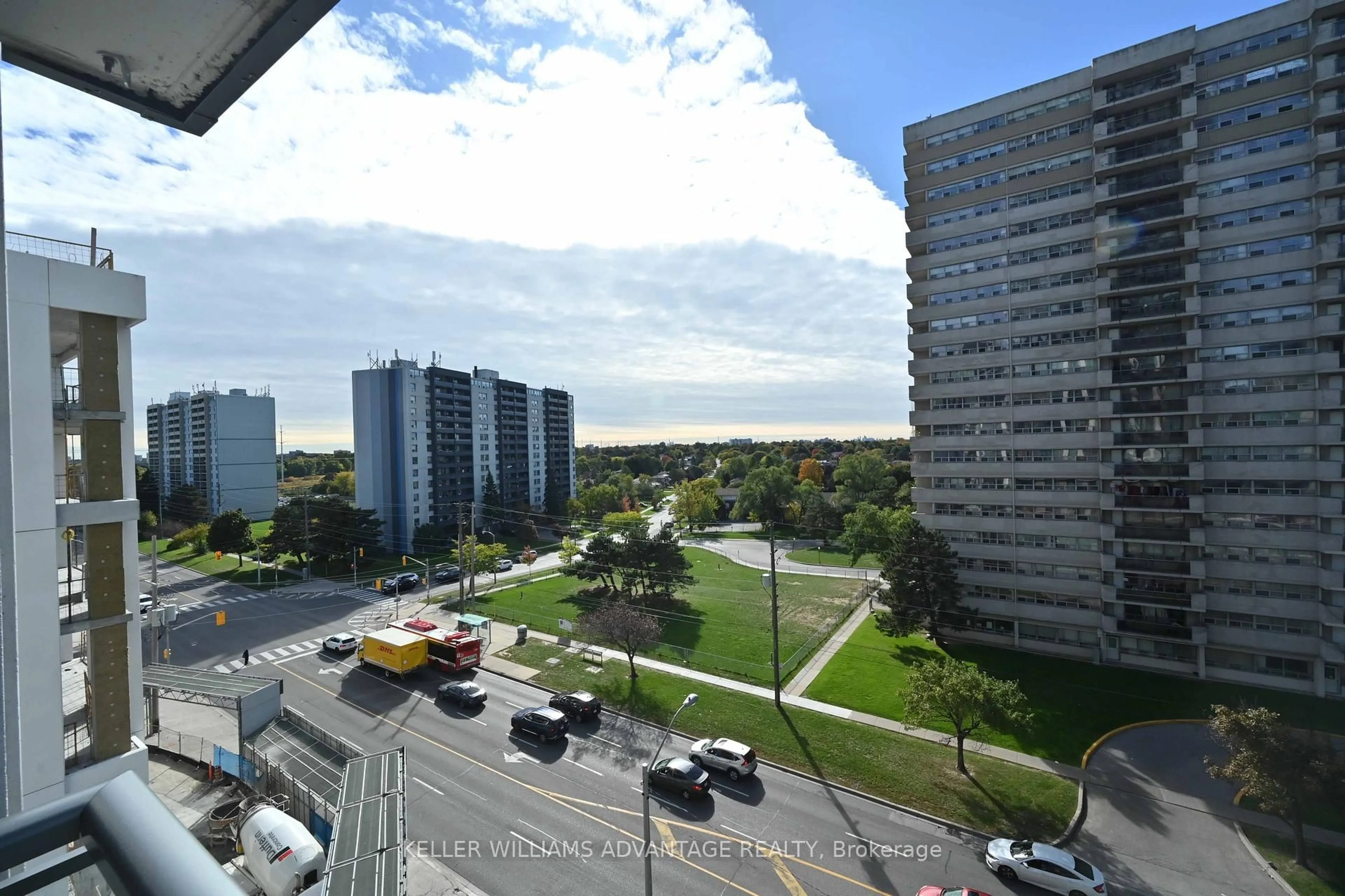 A pic from outside/outdoor area/front of a property/back of a property/a pic from drone, city buildings view from balcony for 20 Meadowglen Pl #728, Toronto Ontario M1G 0A9