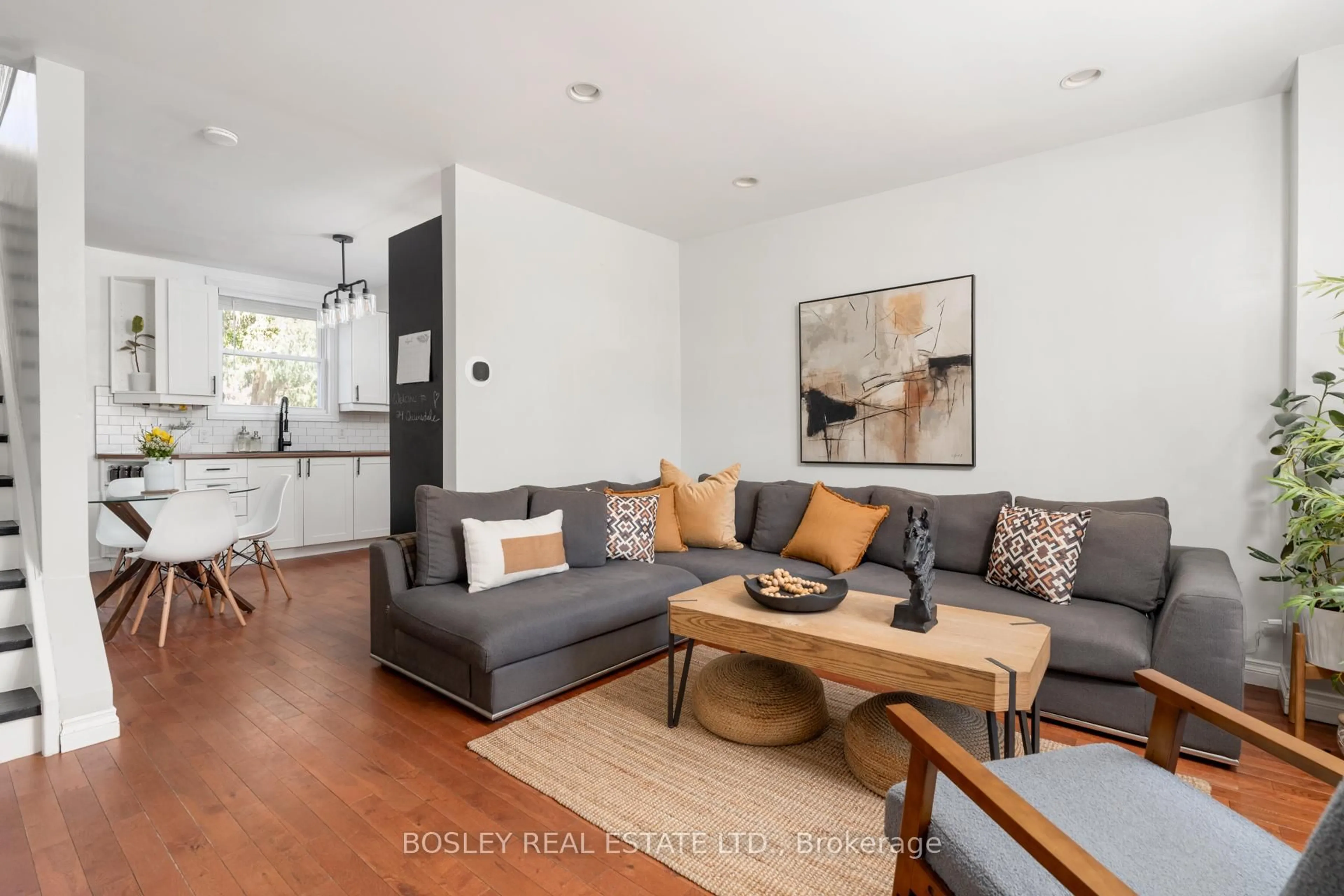 Living room with furniture, wood/laminate floor for 24 Queensdale Ave, Toronto Ontario M4J 1X9