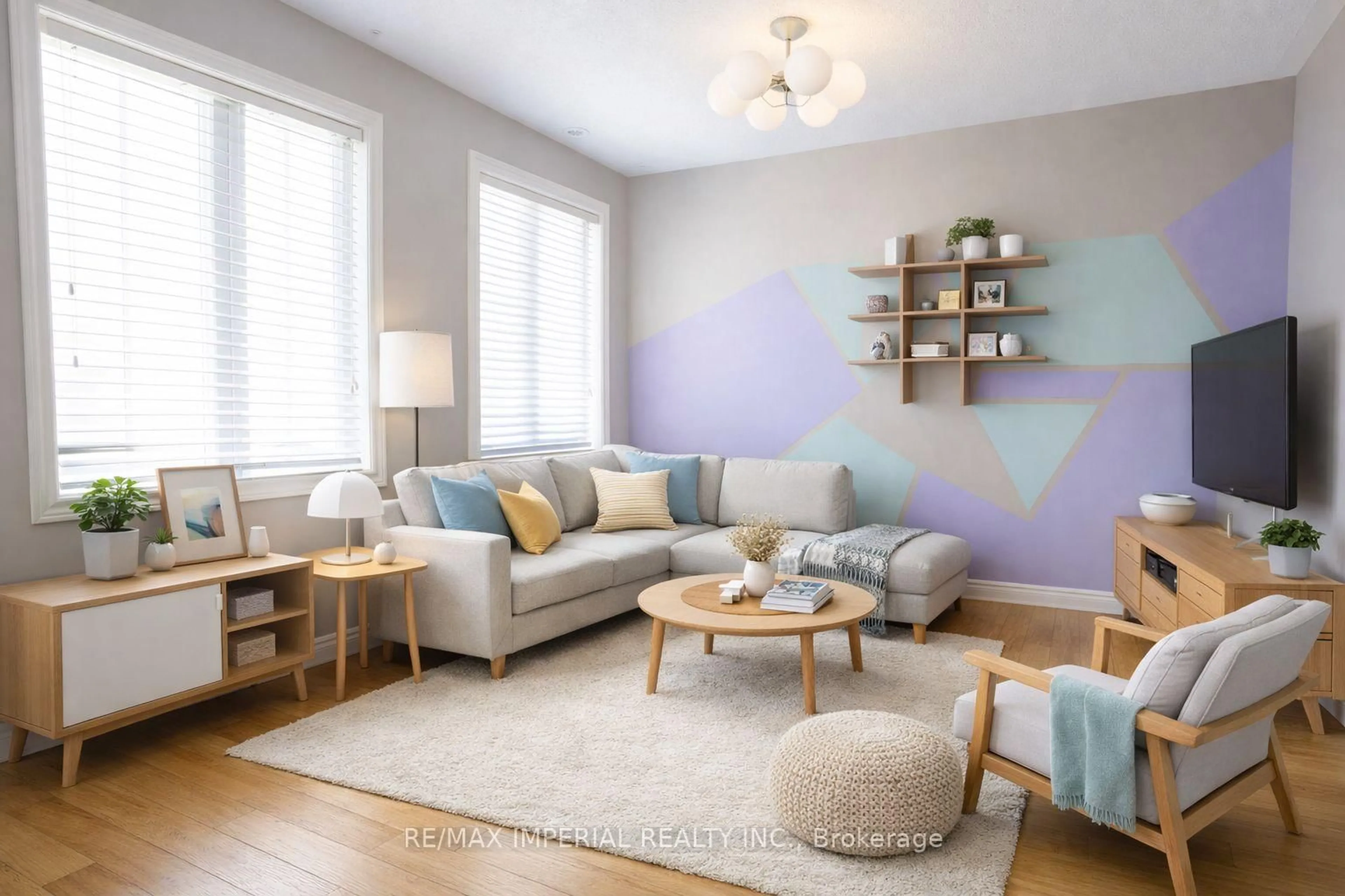 Living room with furniture, wood/laminate floor for 37 Carnahan Terr, Toronto Ontario M4E 0B2