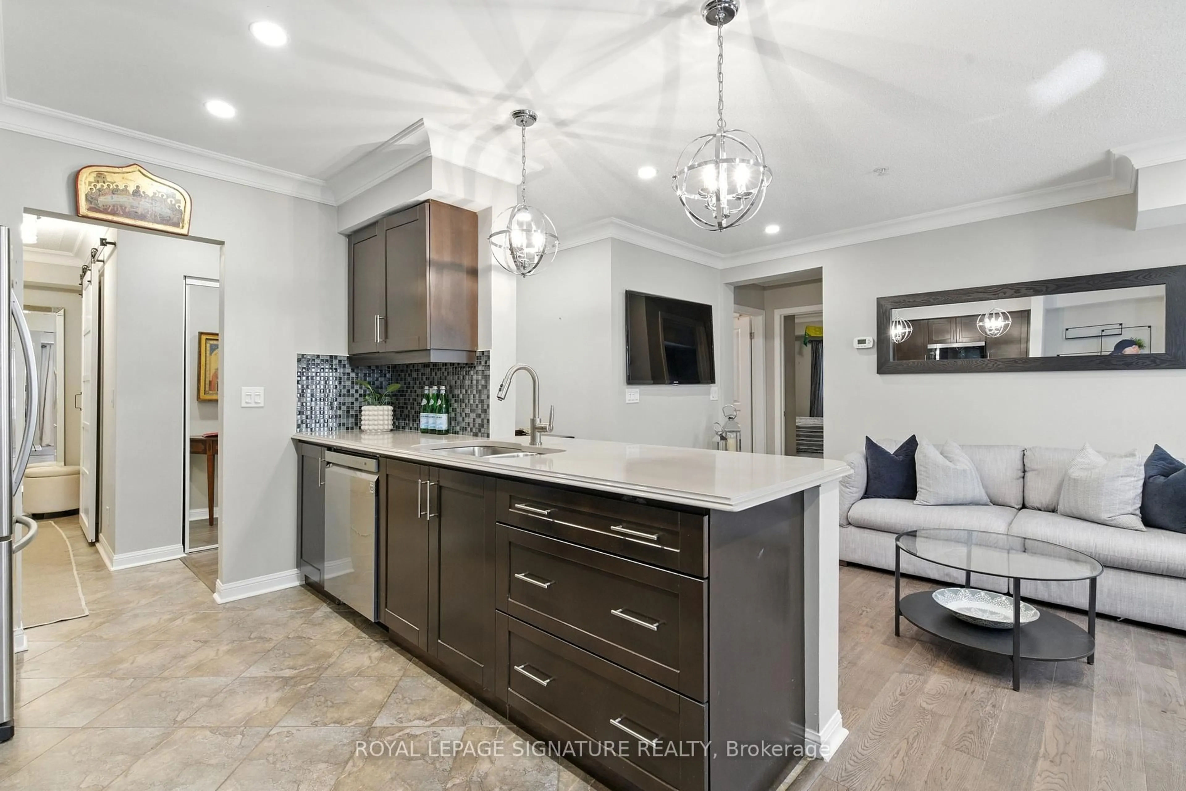 Open concept kitchen, ceramic/tile floor for 10 Mendelssohn St #106, Toronto Ontario M1L 0G7