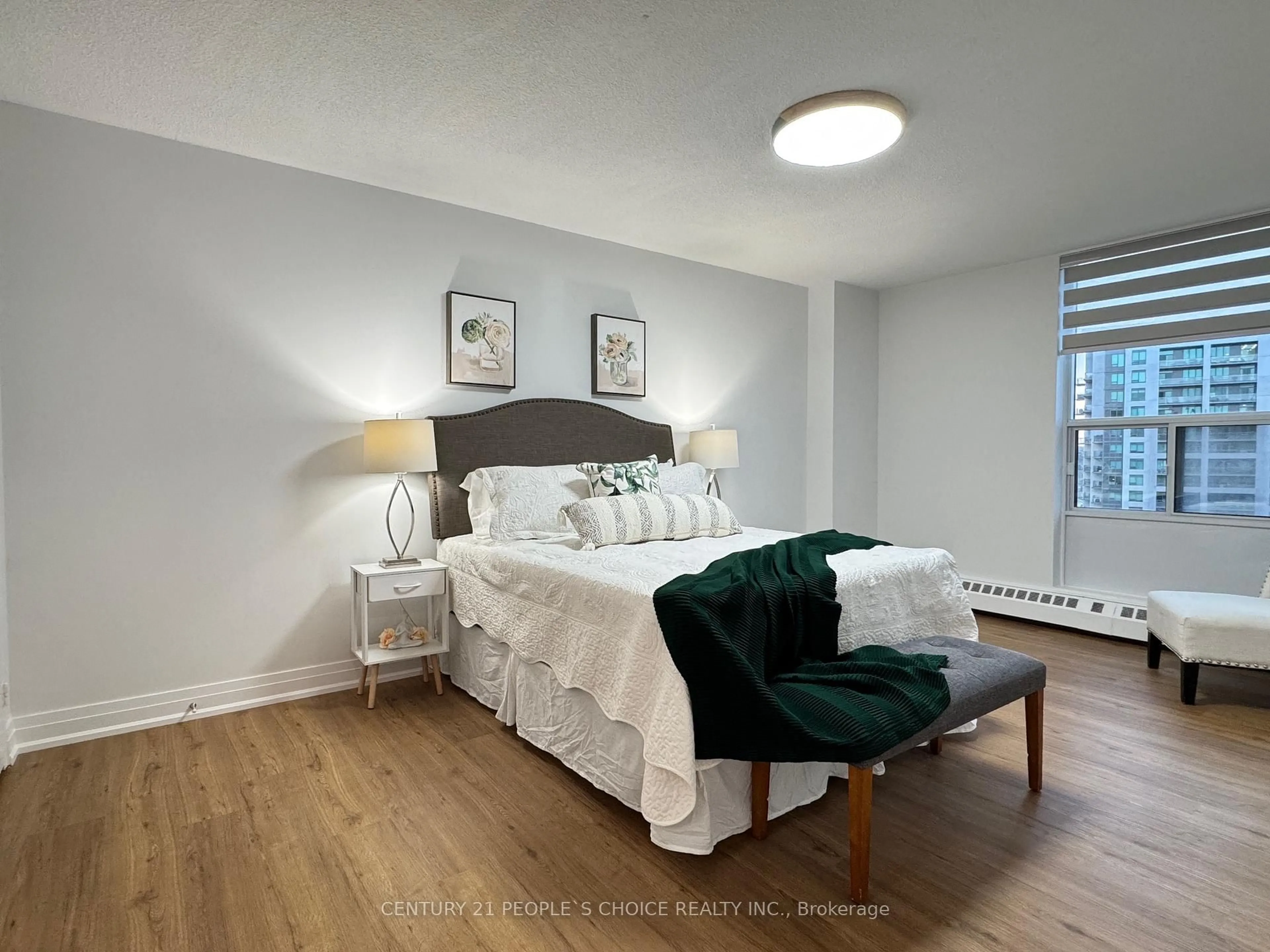 Bedroom with bed, wood/laminate floor for 1210 Radom St #1602, Pickering Ontario L1W 2Z3