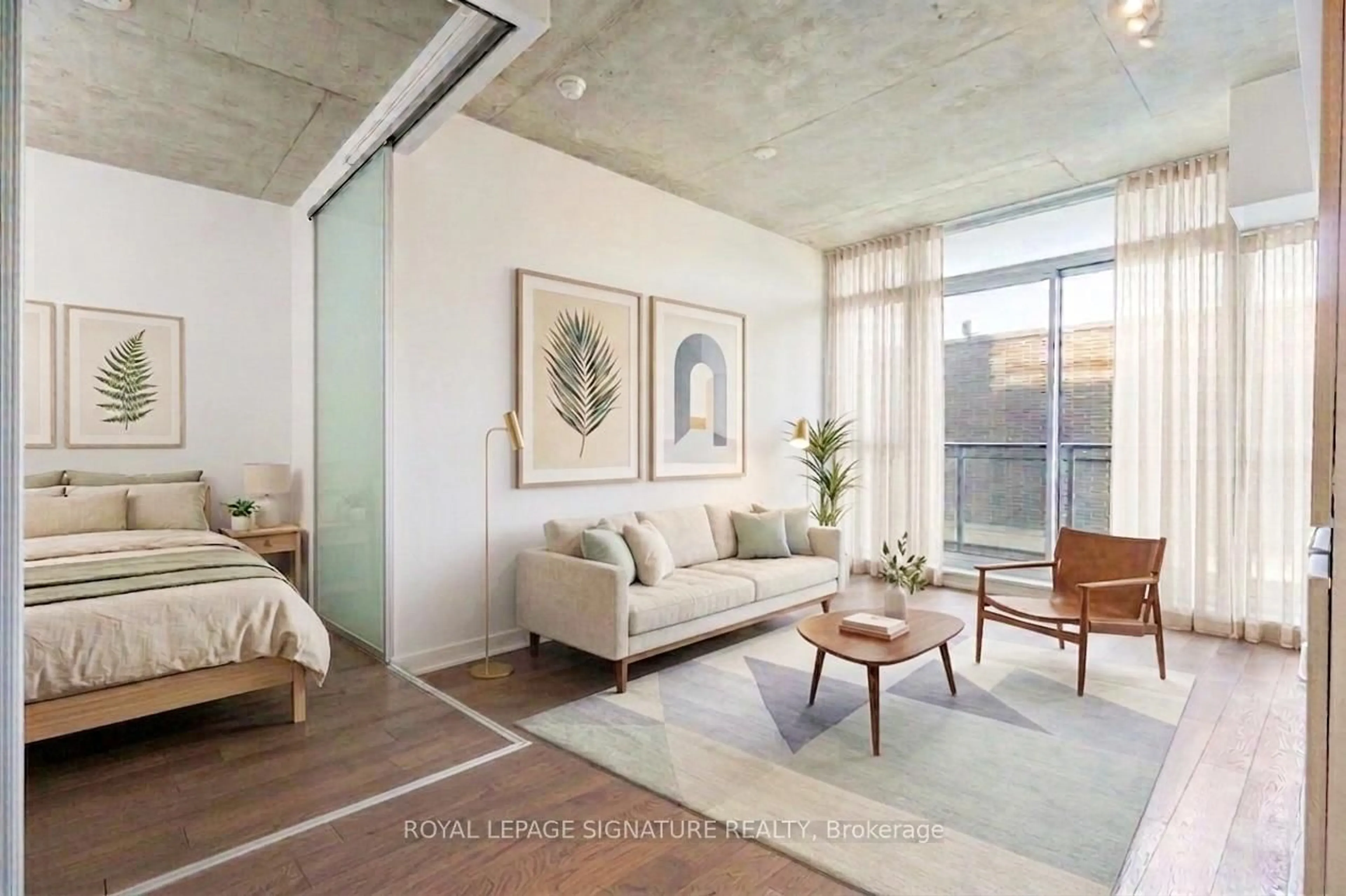 Living room with furniture, cement floor for 1190 Dundas St #406, Toronto Ontario M4M 0C5