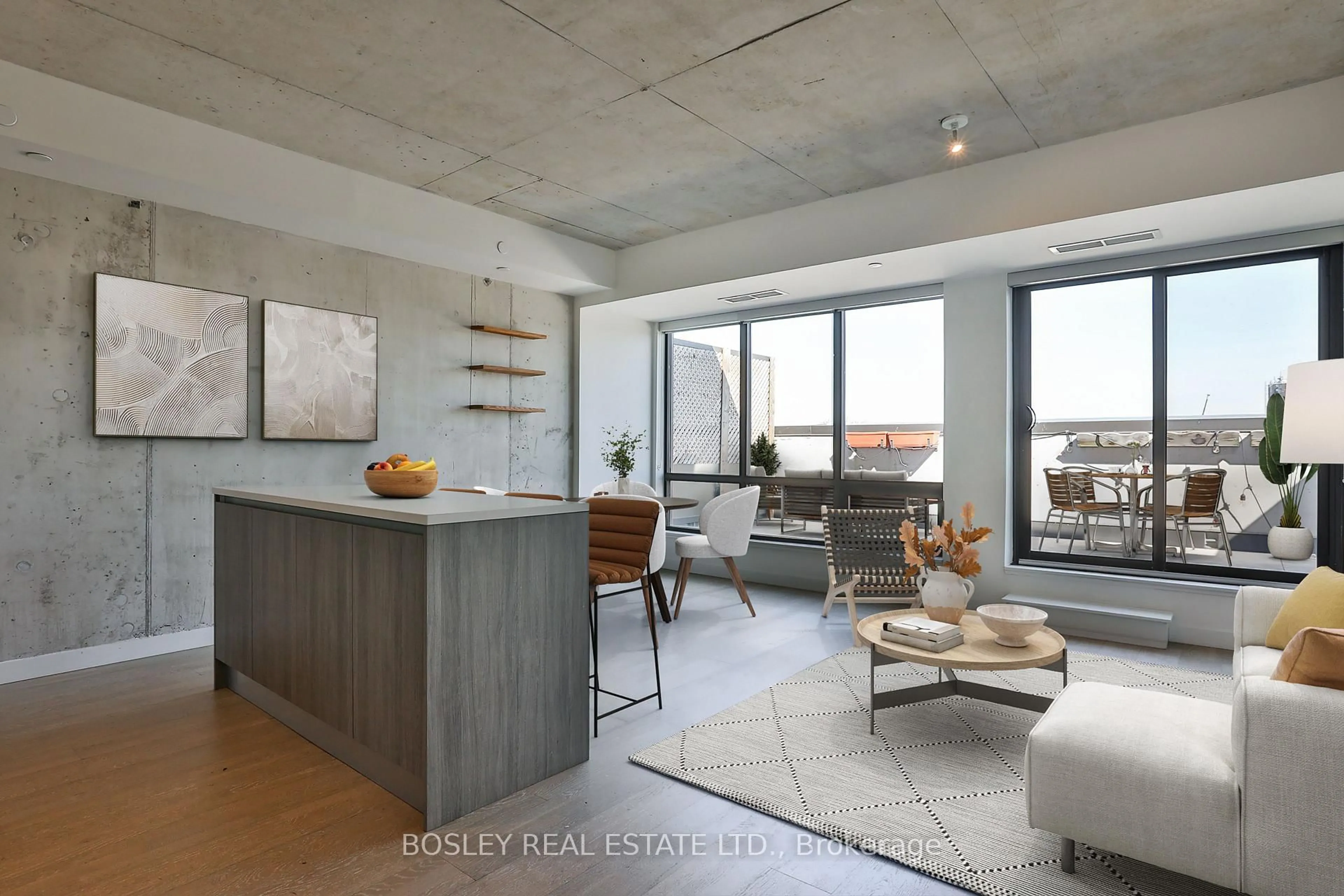 Open concept kitchen, cement floor for 246 Logan Ave #PH 714, Toronto Ontario M4M 0E9