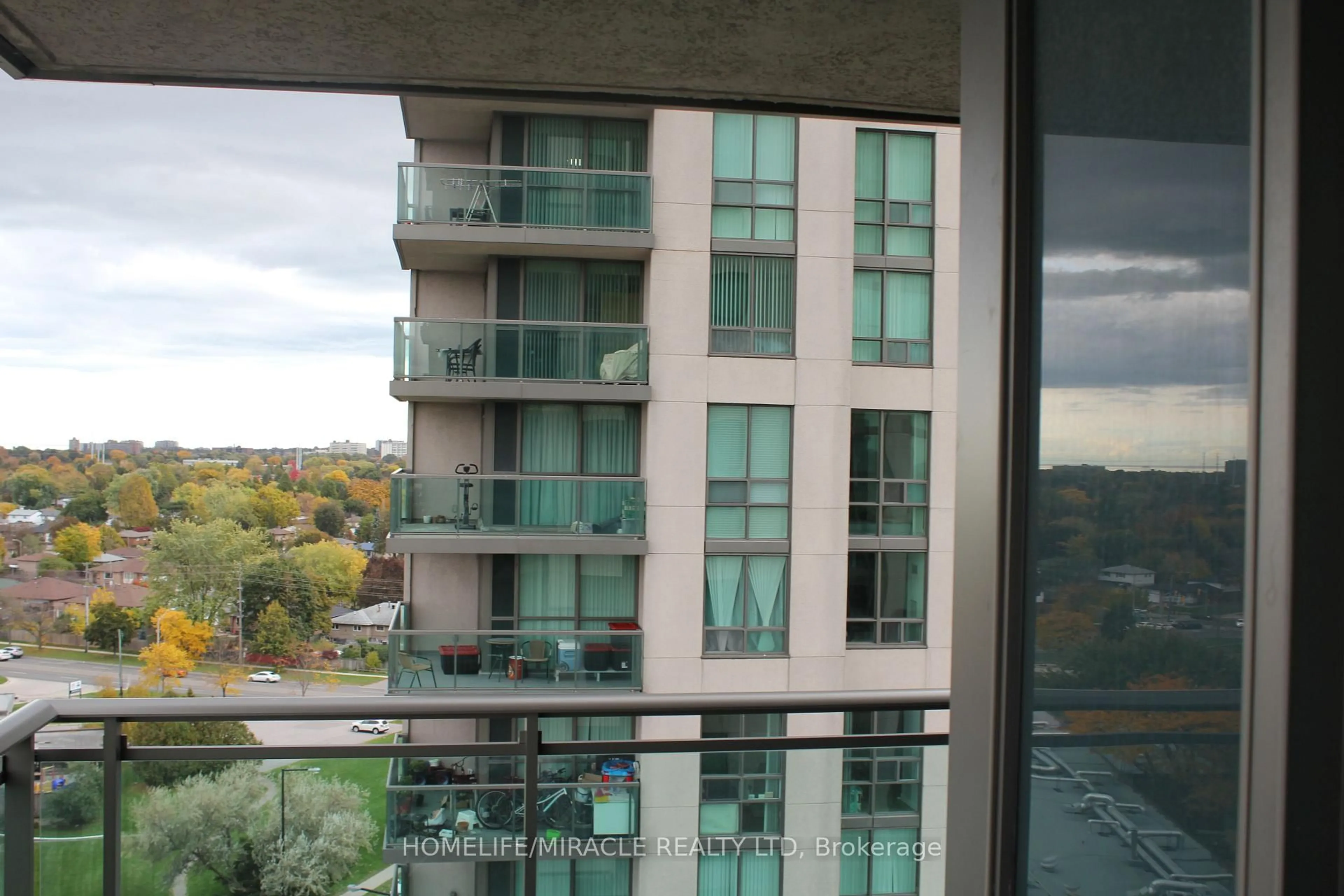Balcony in the apartment, city buildings view from balcony for 88 Grangeway Ave #1608, Toronto Ontario M1H 0A2