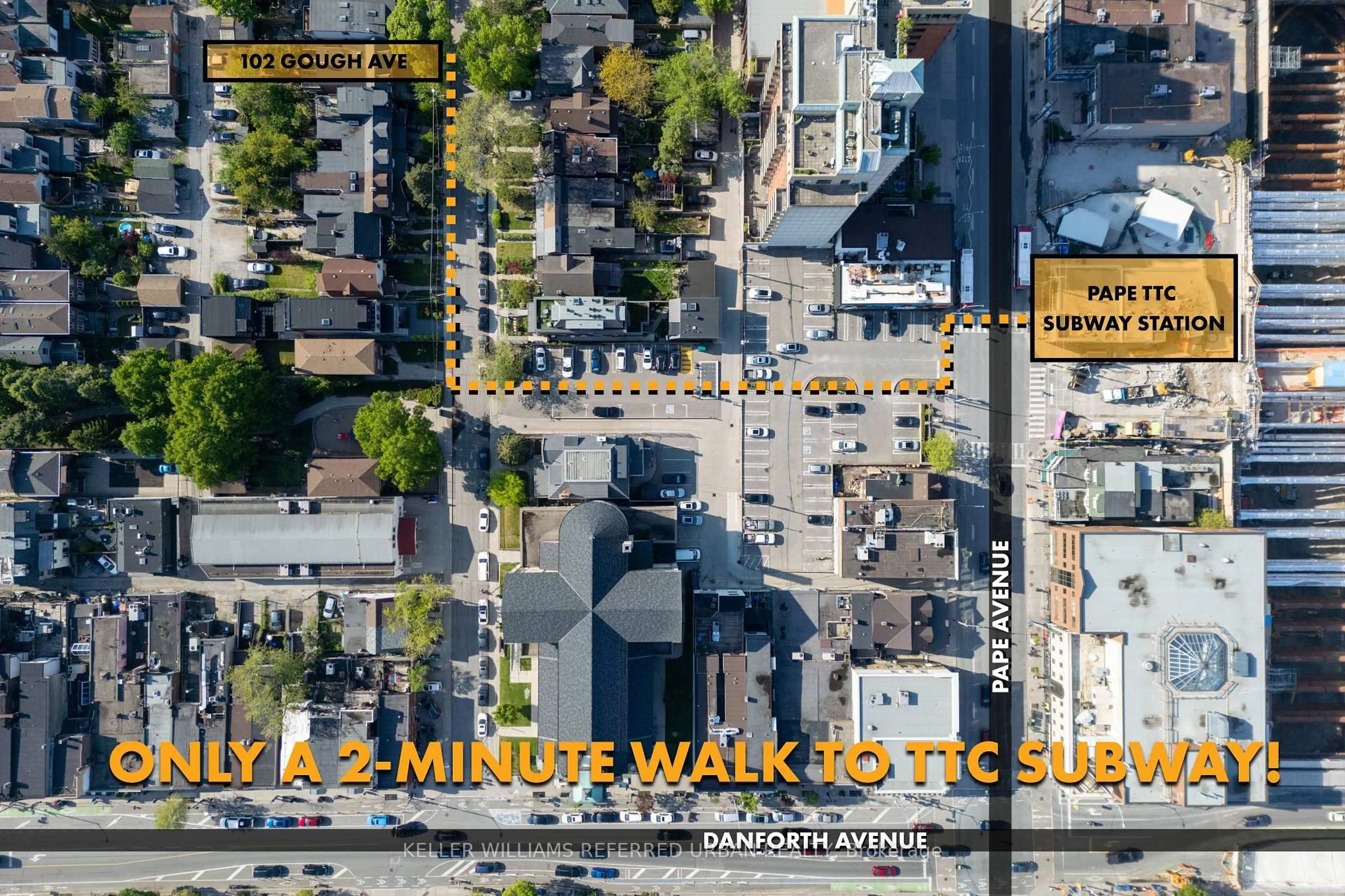 A pic from outside/outdoor area/front of a property/back of a property/a pic from drone, street for 102 Gough Ave, Toronto Ontario M4K 3N8