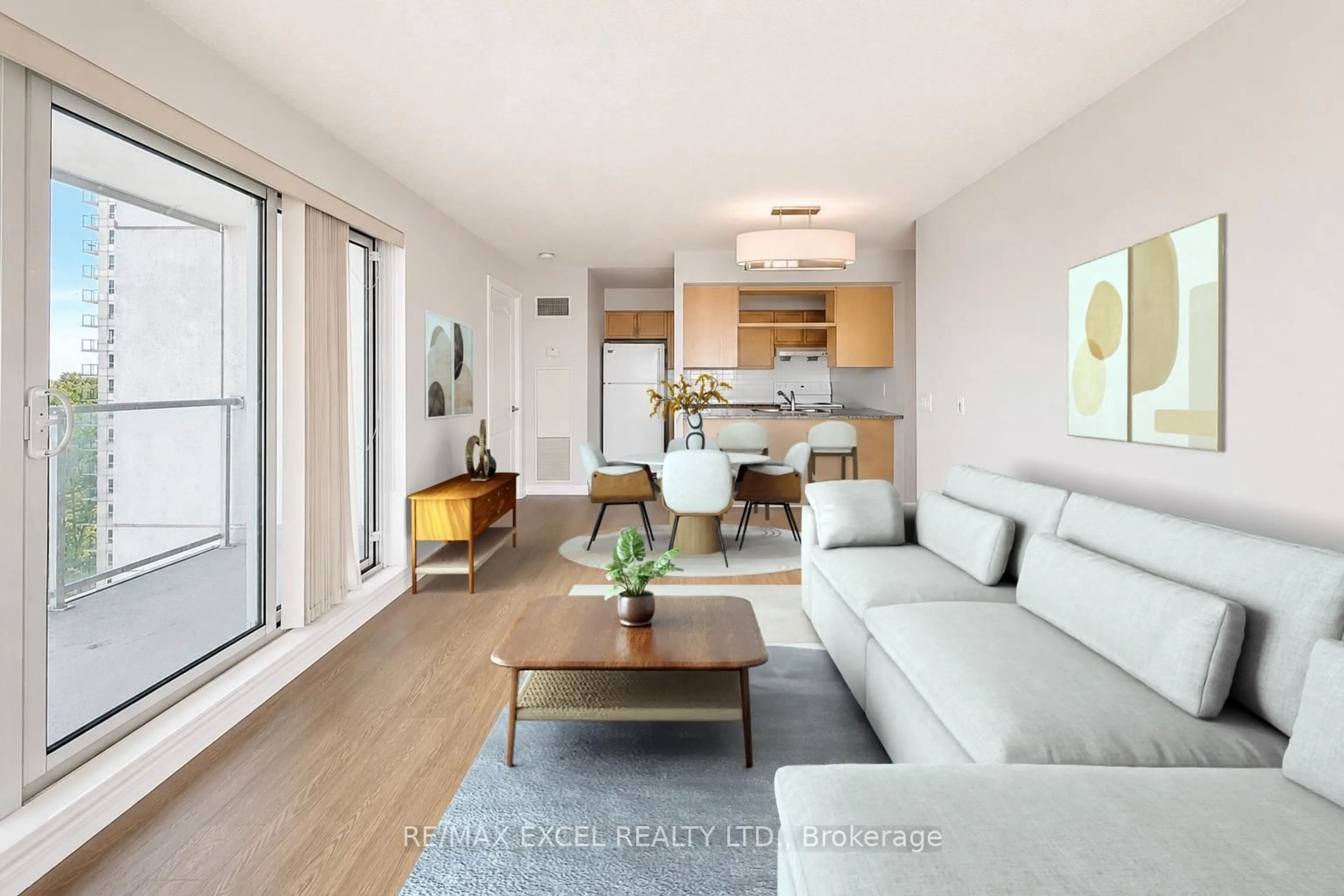 Living room with furniture, wood/laminate floor for 70 Town Centre Crt #1102, Toronto Ontario M1P 4Y7