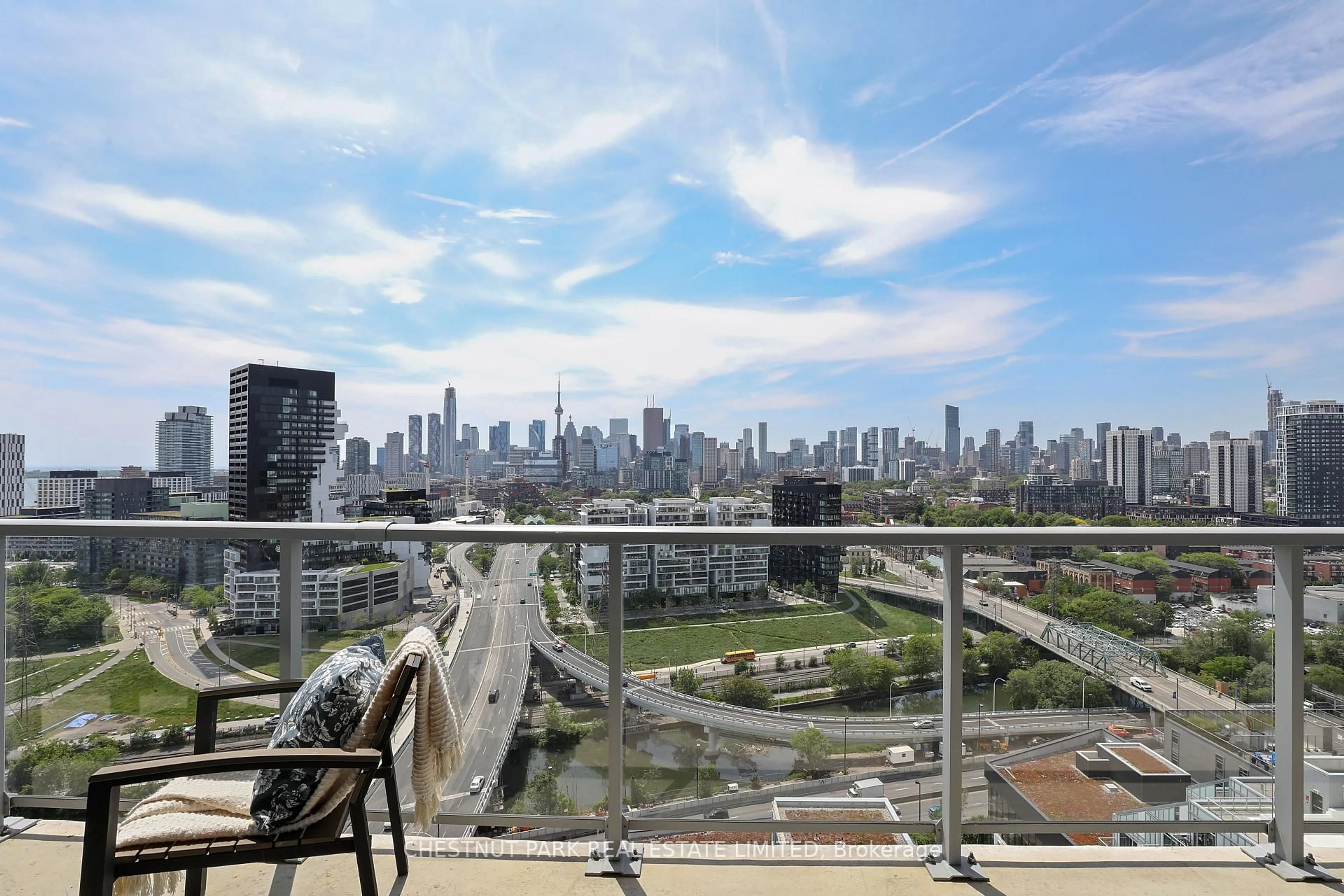 Balcony in the apartment, city buildings view from balcony for 15 Baseball Pl #2005, Toronto Ontario M4M 0E6