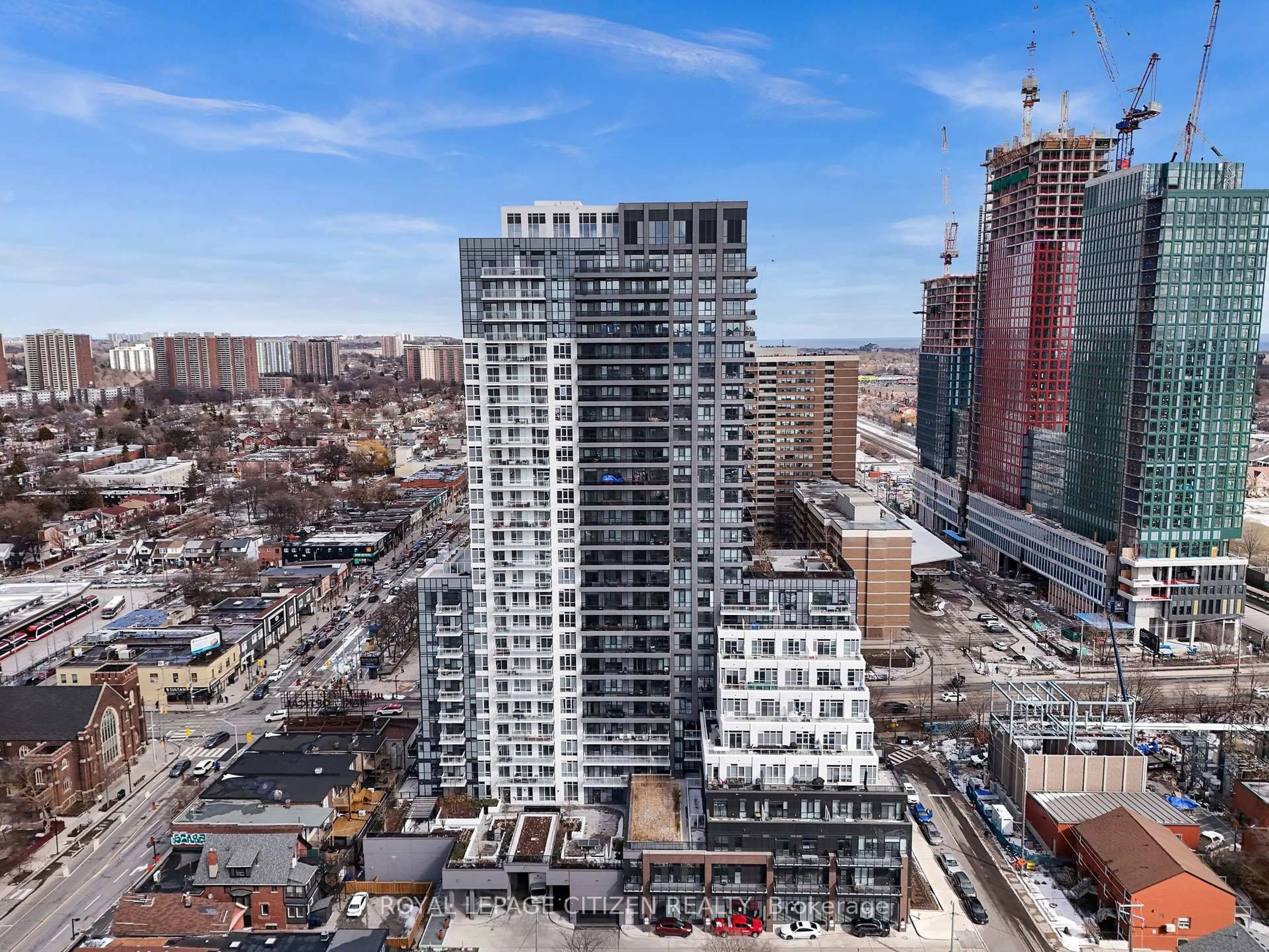 A pic from outside/outdoor area/front of a property/back of a property/a pic from drone, city buildings view from balcony for 286 Main St #2110, Toronto Ontario M4C 0B3
