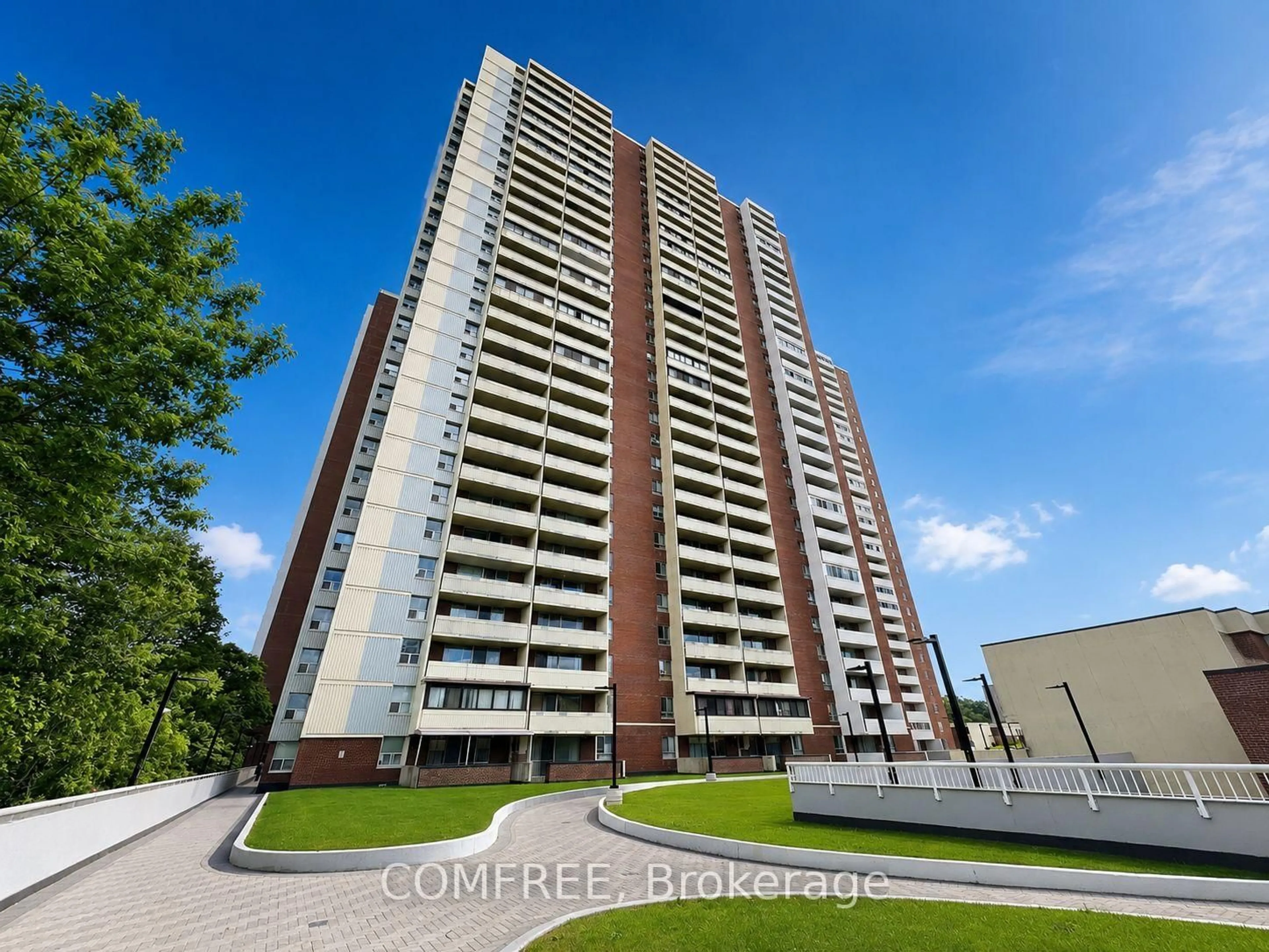 A pic from outside/outdoor area/front of a property/back of a property/a pic from drone, building for 1 Massey Sq #412, Toronto Ontario M4C 5L4