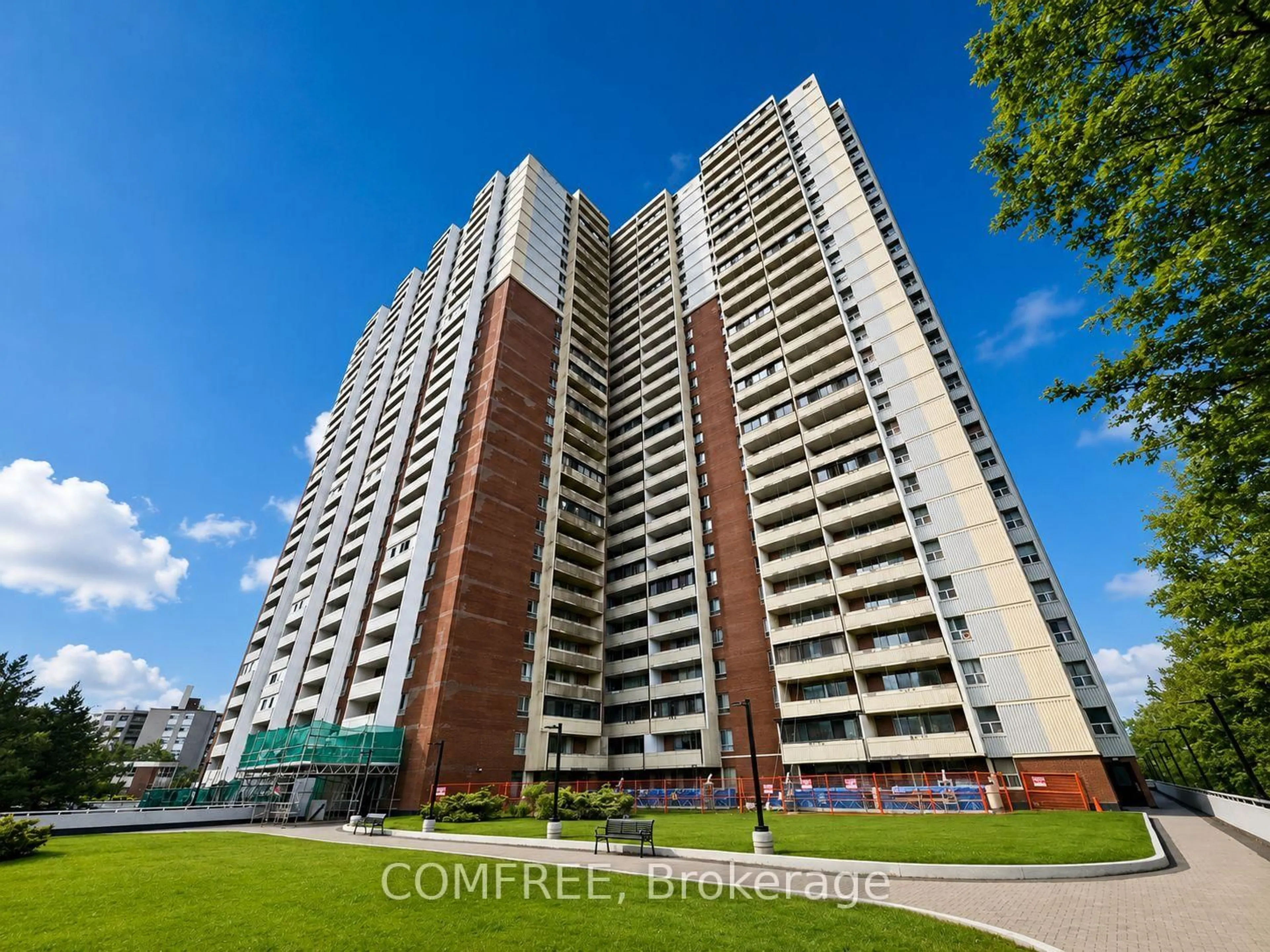 A pic from outside/outdoor area/front of a property/back of a property/a pic from drone, building for 1 Massey Sq #412, Toronto Ontario M4C 5L4