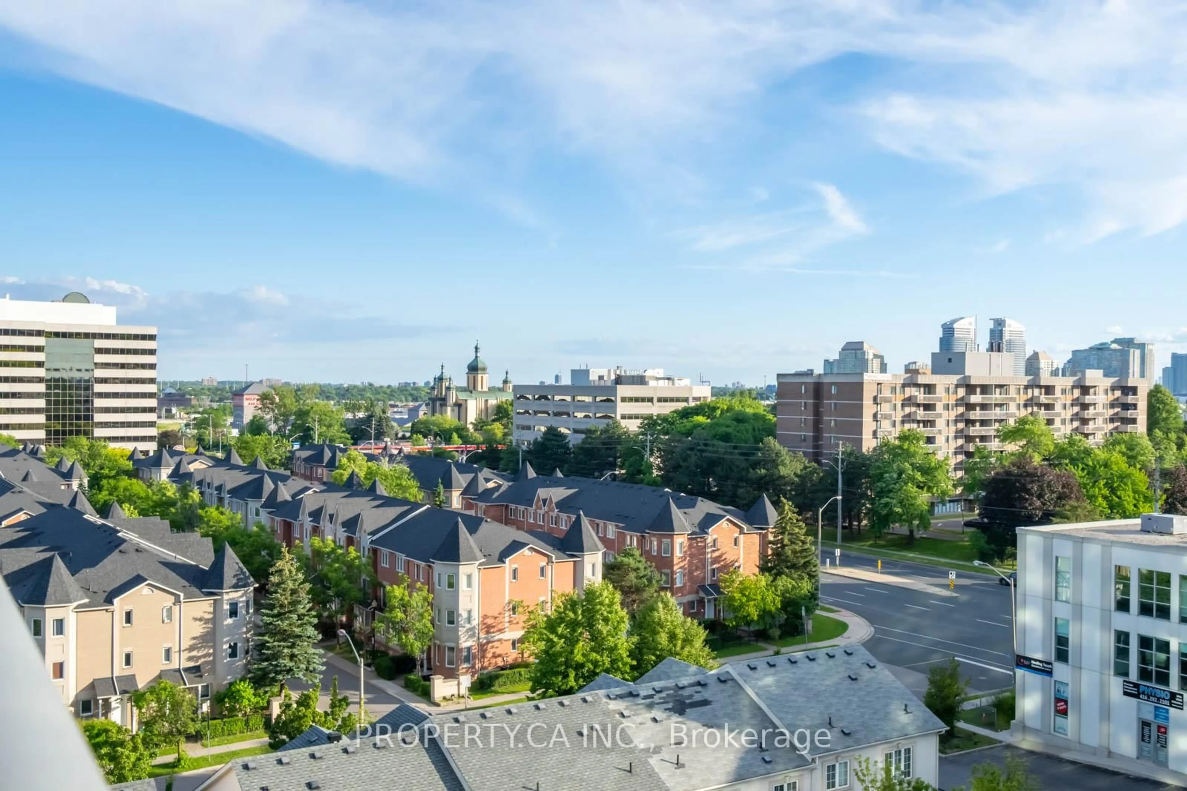 A pic from outside/outdoor area/front of a property/back of a property/a pic from drone, city buildings view from balcony for 8 Rosebank Dr #9H, Toronto Ontario M1B 5Z3