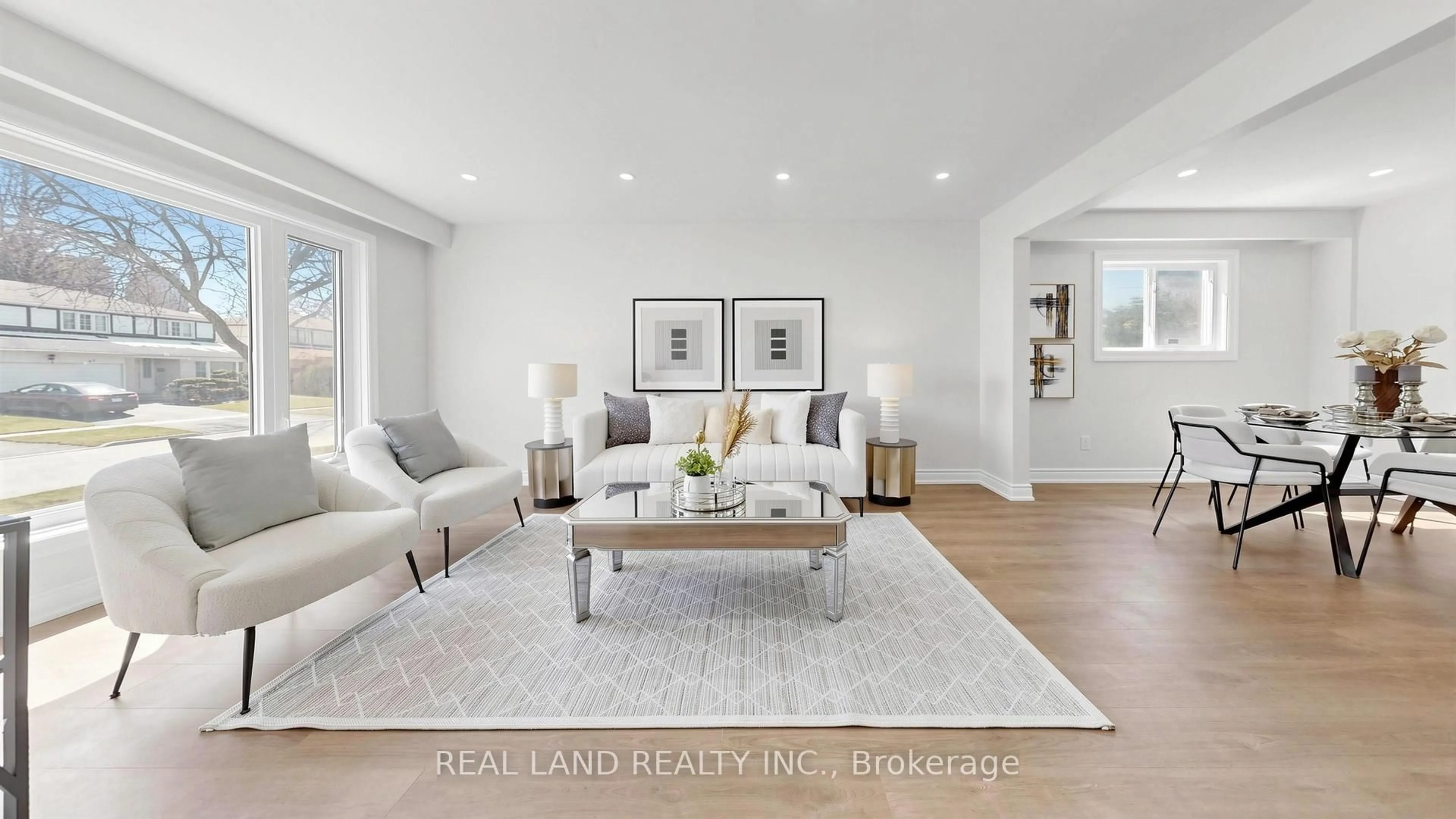 Living room with furniture, wood/laminate floor for 54 Marblemount Cres, Toronto Ontario M1T 2H4