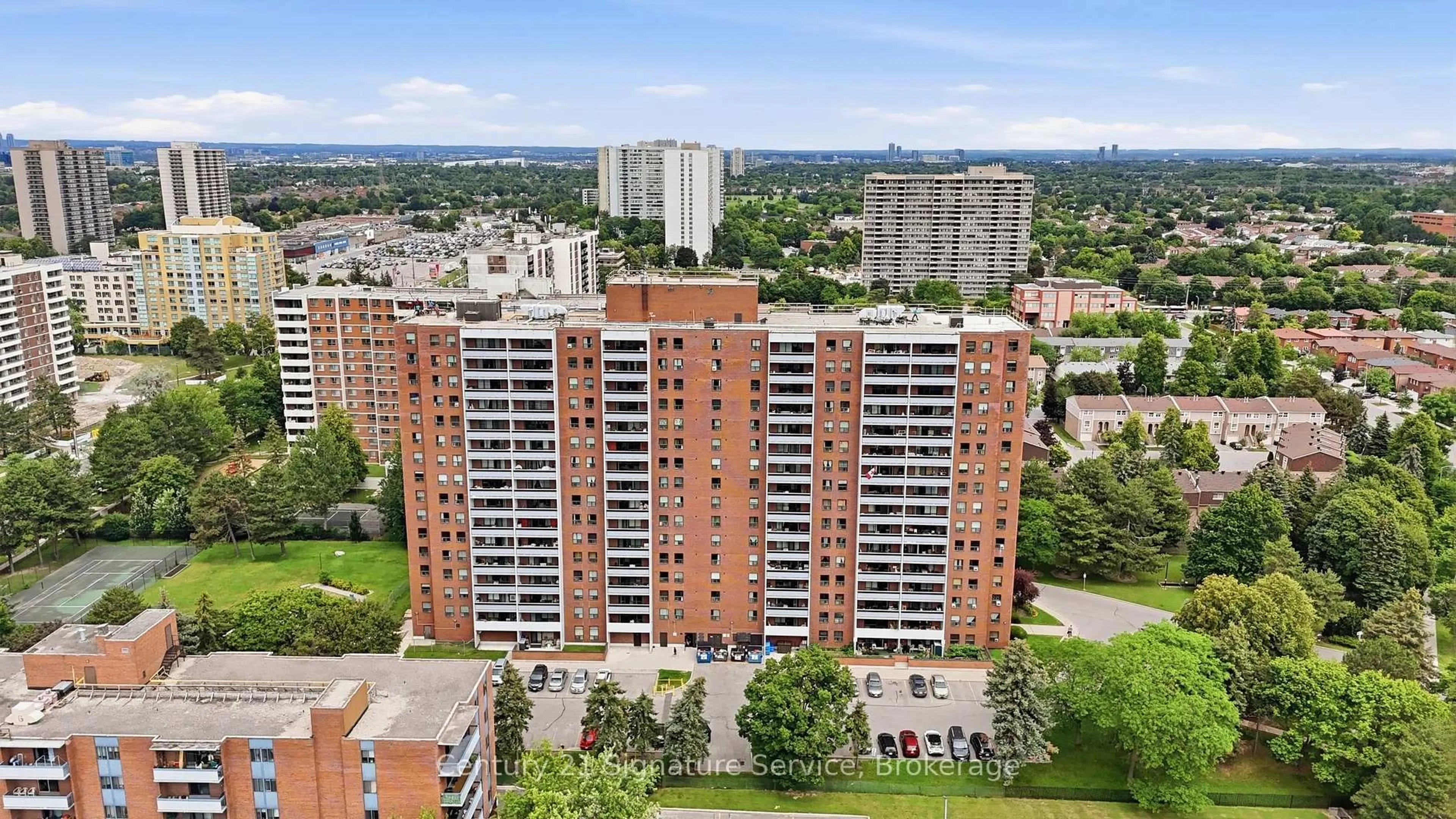 A pic from outside/outdoor area/front of a property/back of a property/a pic from drone, city buildings view from balcony for 1250 Bridletowne Circ #610, Toronto Ontario M1W 2V1