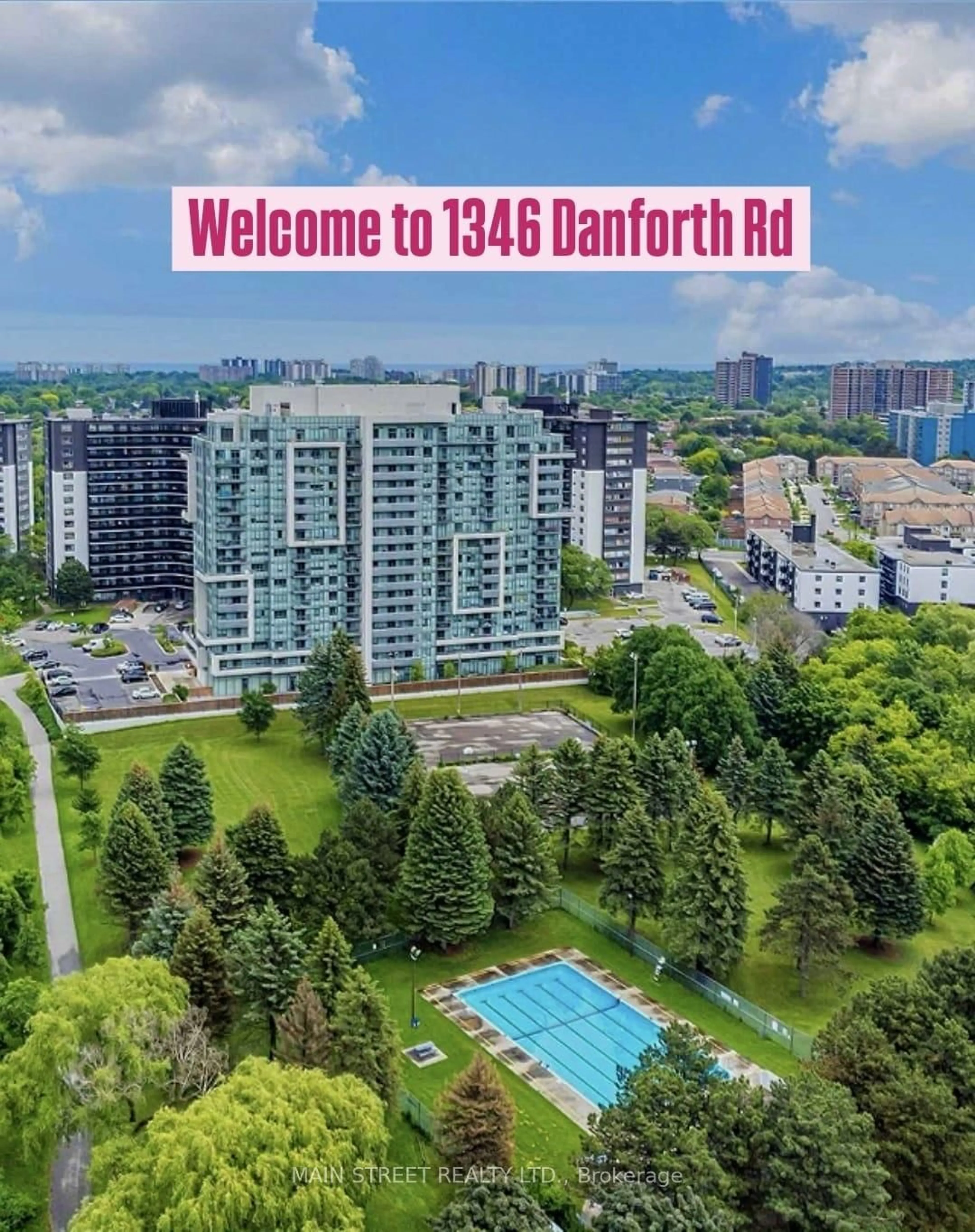 A pic from outside/outdoor area/front of a property/back of a property/a pic from drone, city buildings view from balcony for 1346 Danforth Rd #1212, Toronto Ontario M1J 0A9
