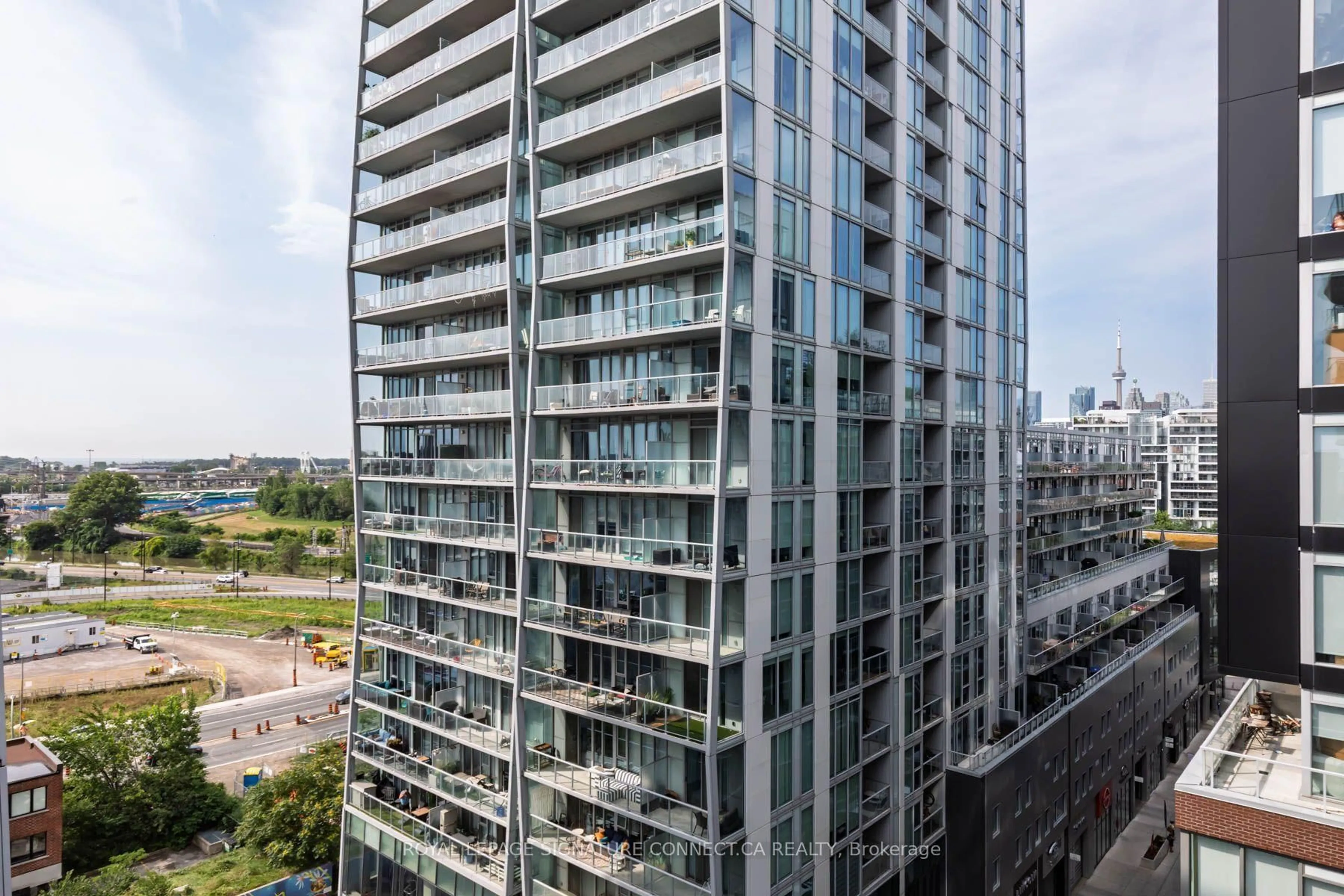 A pic from outside/outdoor area/front of a property/back of a property/a pic from drone, city buildings view from balcony for 45 Baseball Pl #902, Toronto Ontario M4M 0H1