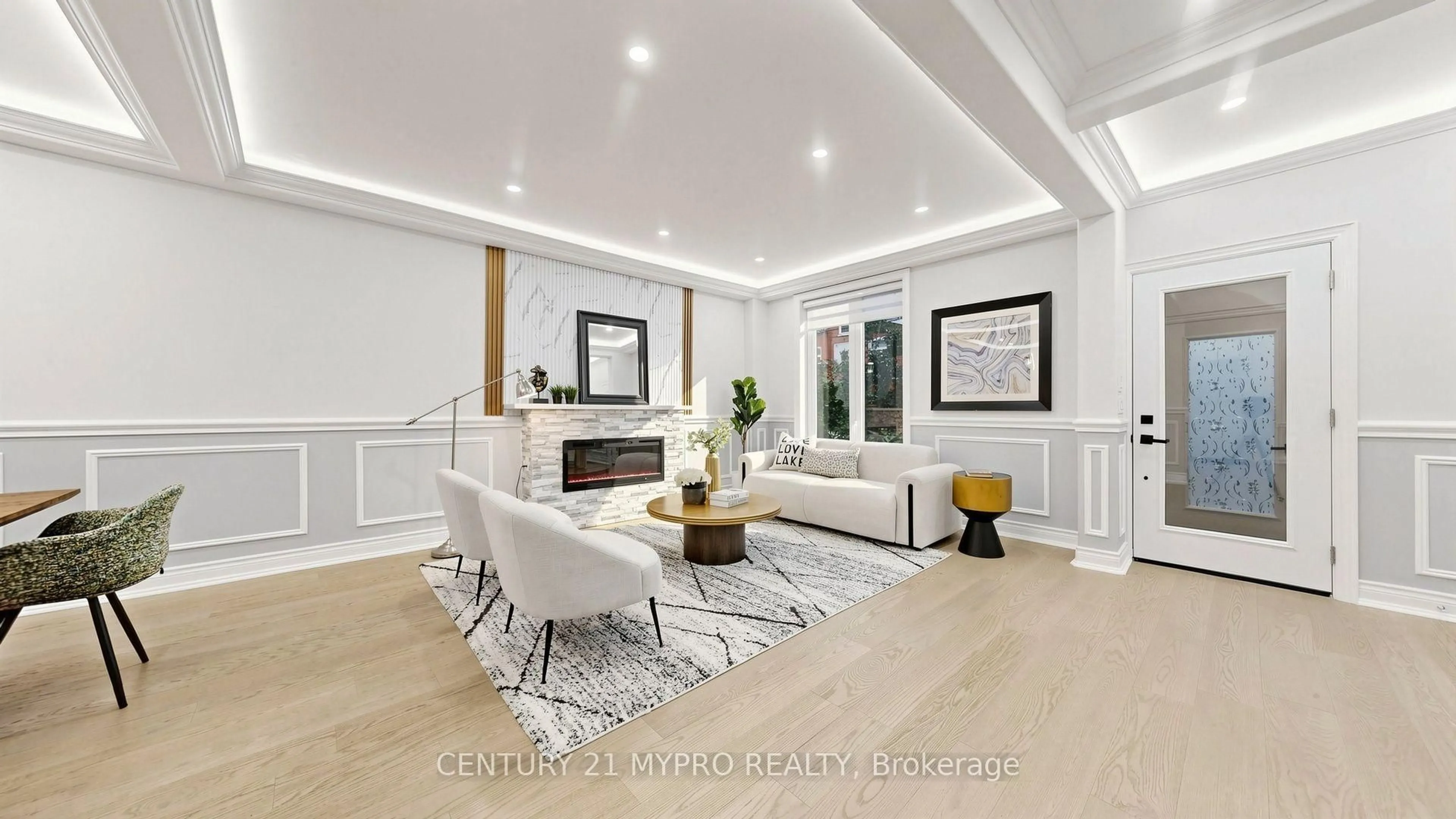 Living room with furniture, wood/laminate floor for 7 Cherry Nook Gdns, Toronto Ontario M4L 1J5