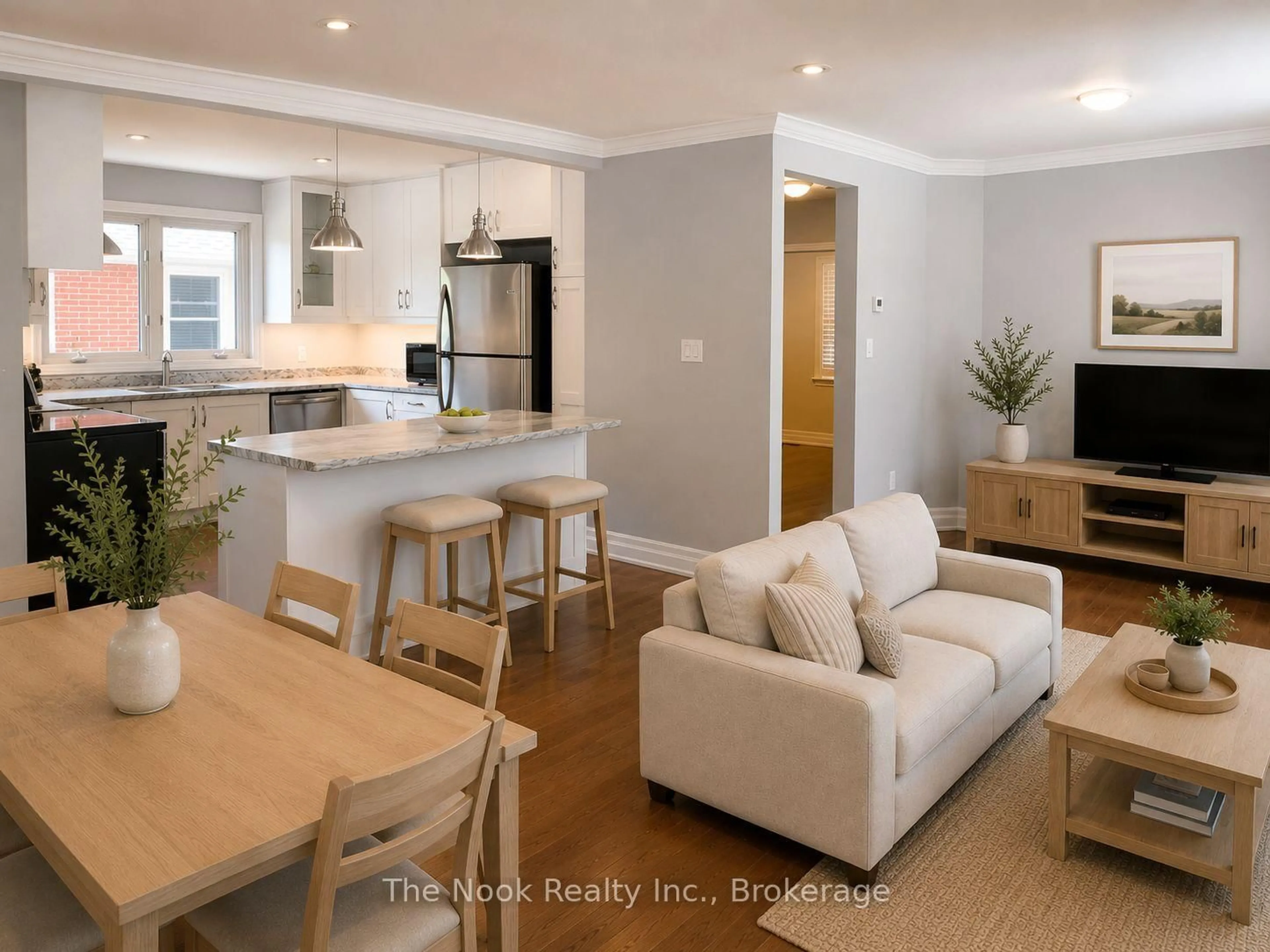 Open concept kitchen, wood/laminate floor for 288 Cadillac Ave, Oshawa Ontario L1H 5Z8