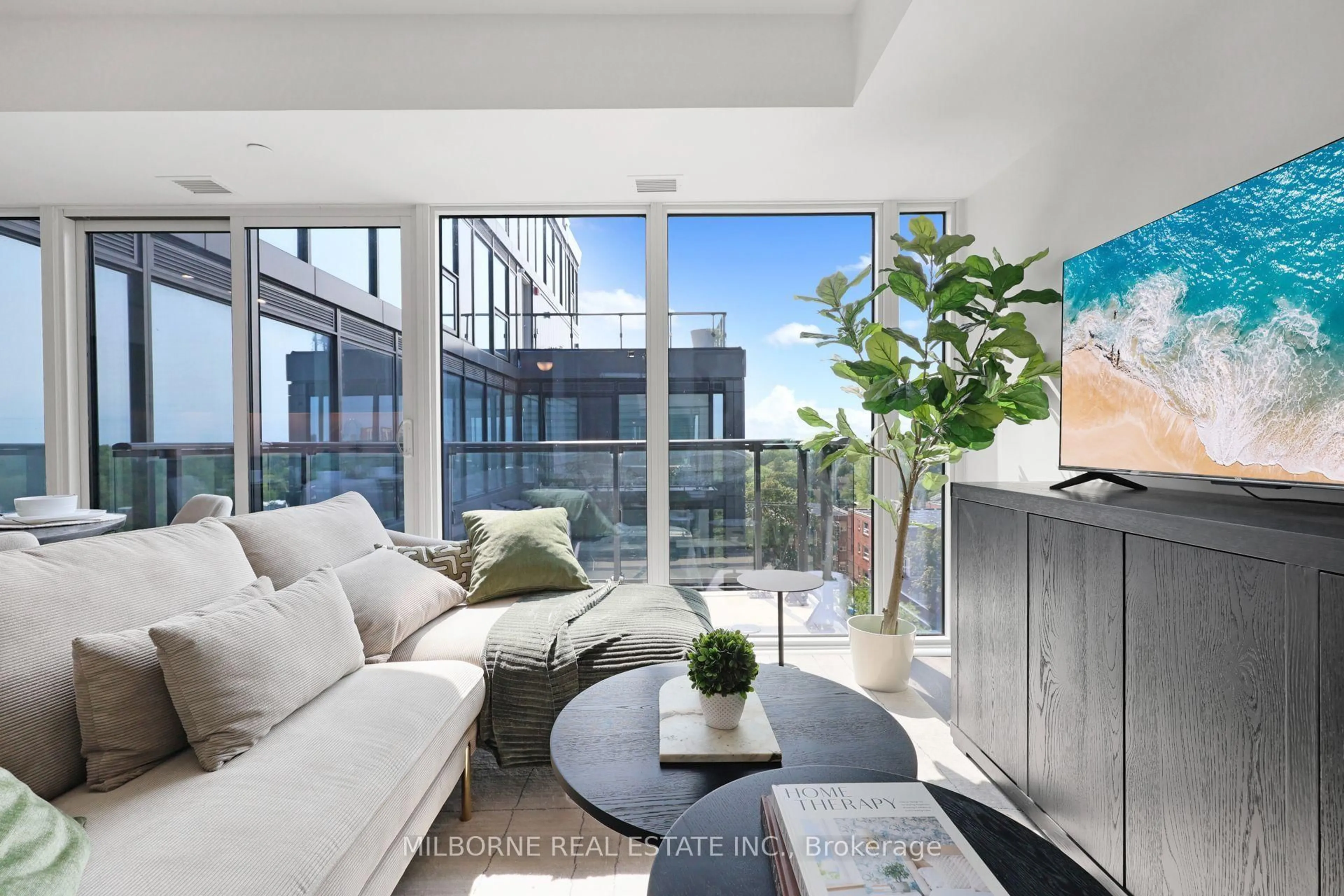 Living room with furniture, cement floor for 2 Manderley Dr #701, Toronto Ontario M1N 0C7